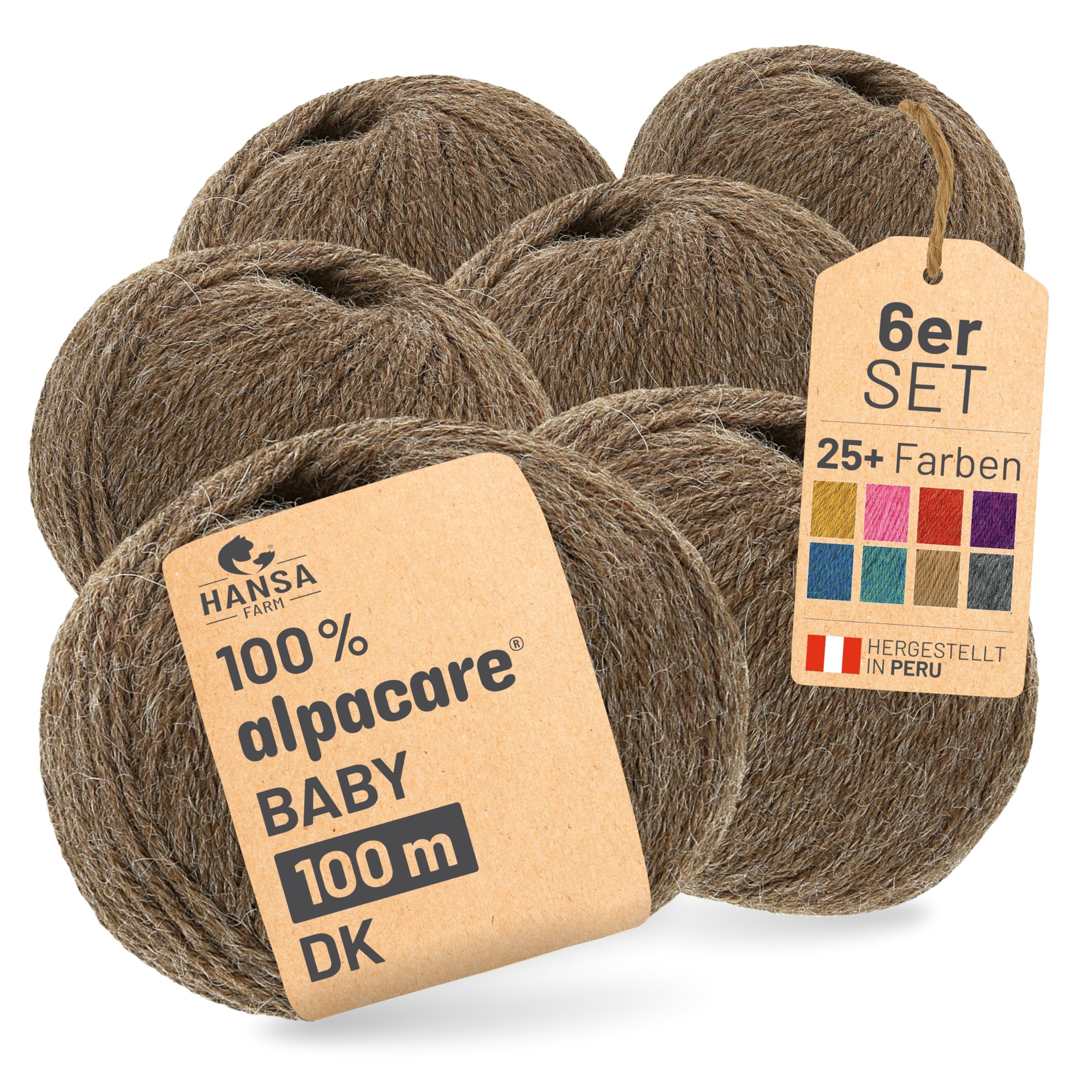 HANSA-FARM | Alpacare 100% pierwsza w pełni pralna w pralce wełna alpaki dla niemowląt - 300 g Set DK (6 x 50 g) - bezdrapieżna wełna alpaki do robienia na drutach i szydełku - brązowa