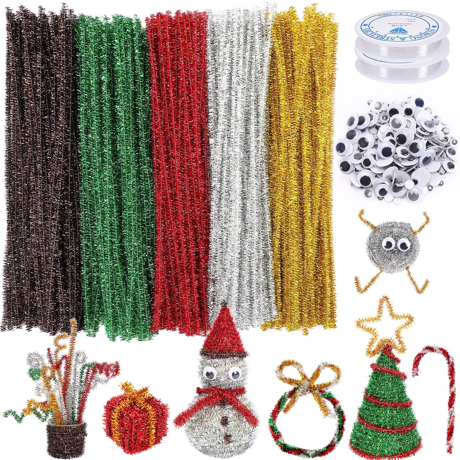UPINS 550PCS Christmas Pipe Cleaners Set Including 5 Colors of Chenille Stems 4 Sizes of Wiggle Googly Eyes for Christmas Party DIY Art Craft Supplies Decoration