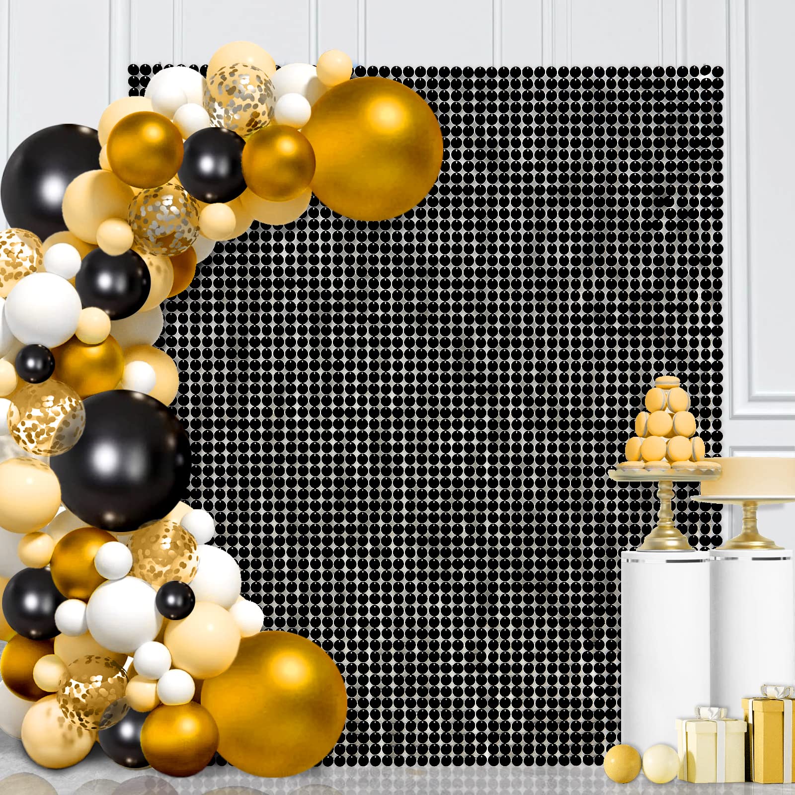 Photo 1 of 24 Panels Black Shimmer Wall Backdrop Round Sequin Shimmer Backdrop for Wedding Birthday Party Decorations 24Pcs-12x12 Inch Black
