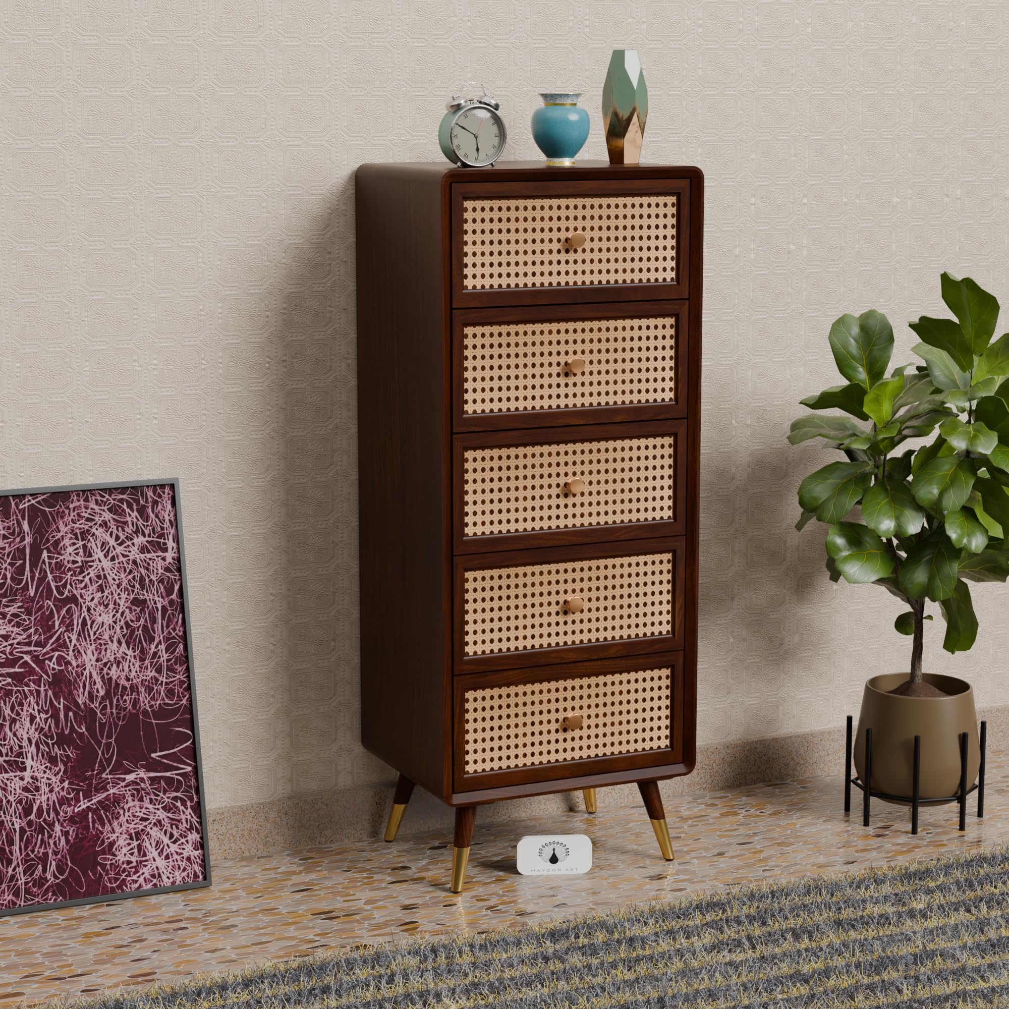 Solid Sheesham Wood Chest of 5 Drawers | Multipurpose Console Dresser with 5-Compartment Storage Cabinet with Rattan Cane Design for Bedroom, Living Room & Office | Walnut Finish-image-42