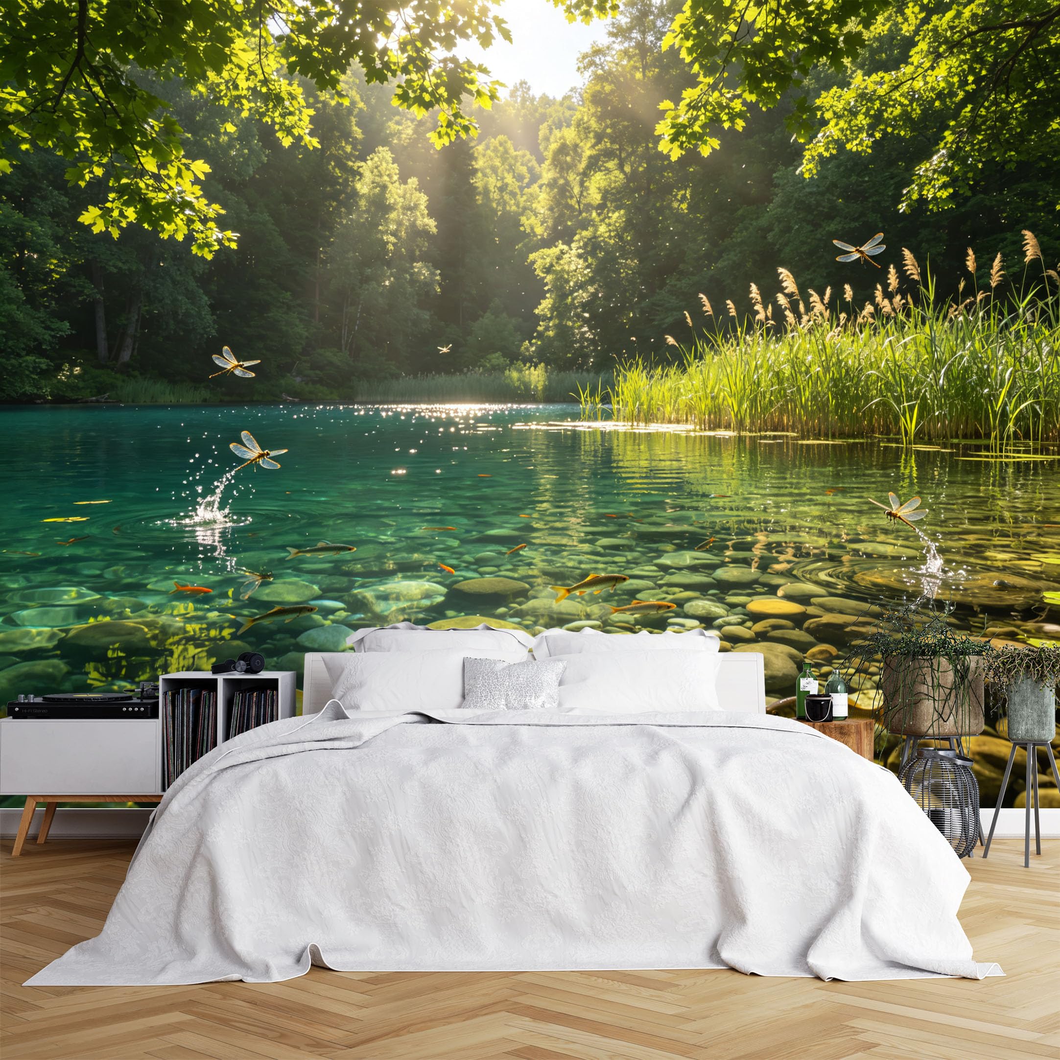 Lcythiazole Ch260615221 Custom Size Wall Murals Forest Clear Lake Fish Dragonfly Wall Stickers Self-Adhesive Wall Fabric (No Pvc) Removable Wallpaper For Study Bathroom