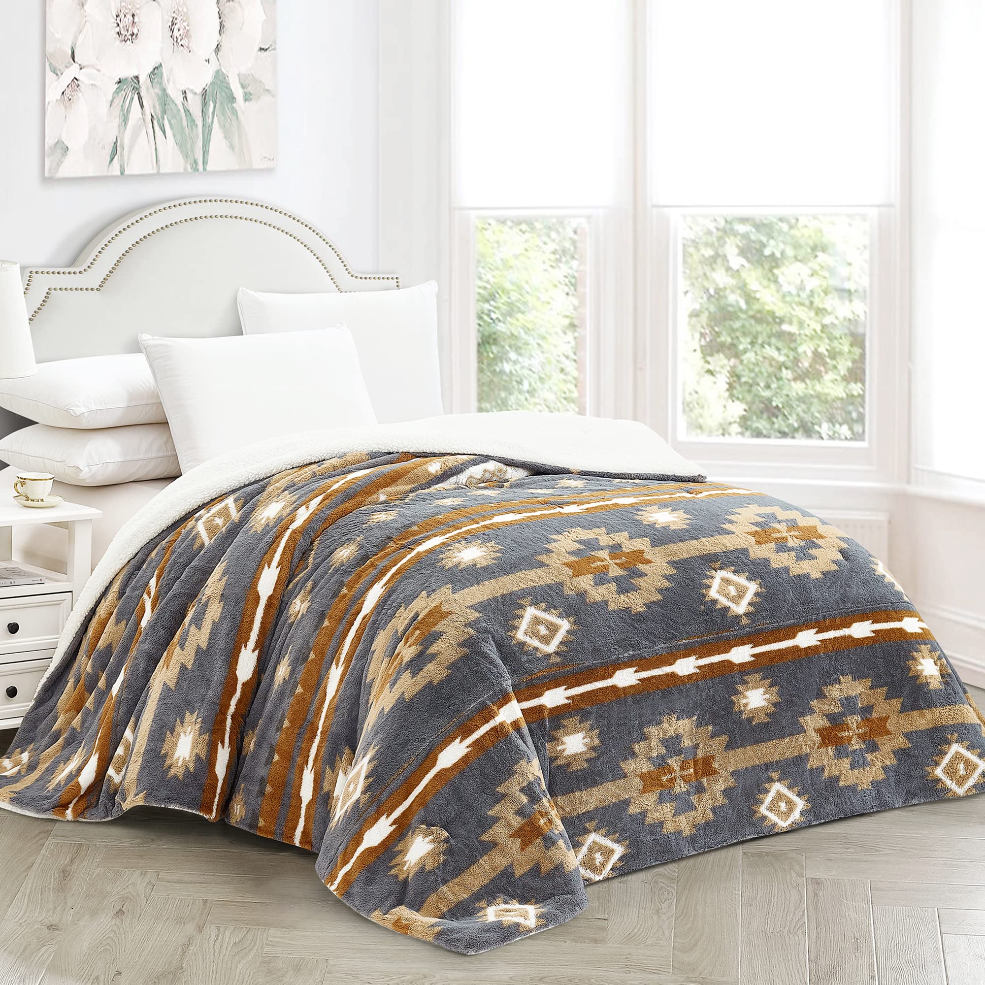 Home Soft Things Southwest Faux Fur Bed Blankets Reversible to Sherpa, Boho Plush Soft Warm Lightweight Bohemian Geometric Blanket for Couch Bed Sofa Cover, Grey, 90