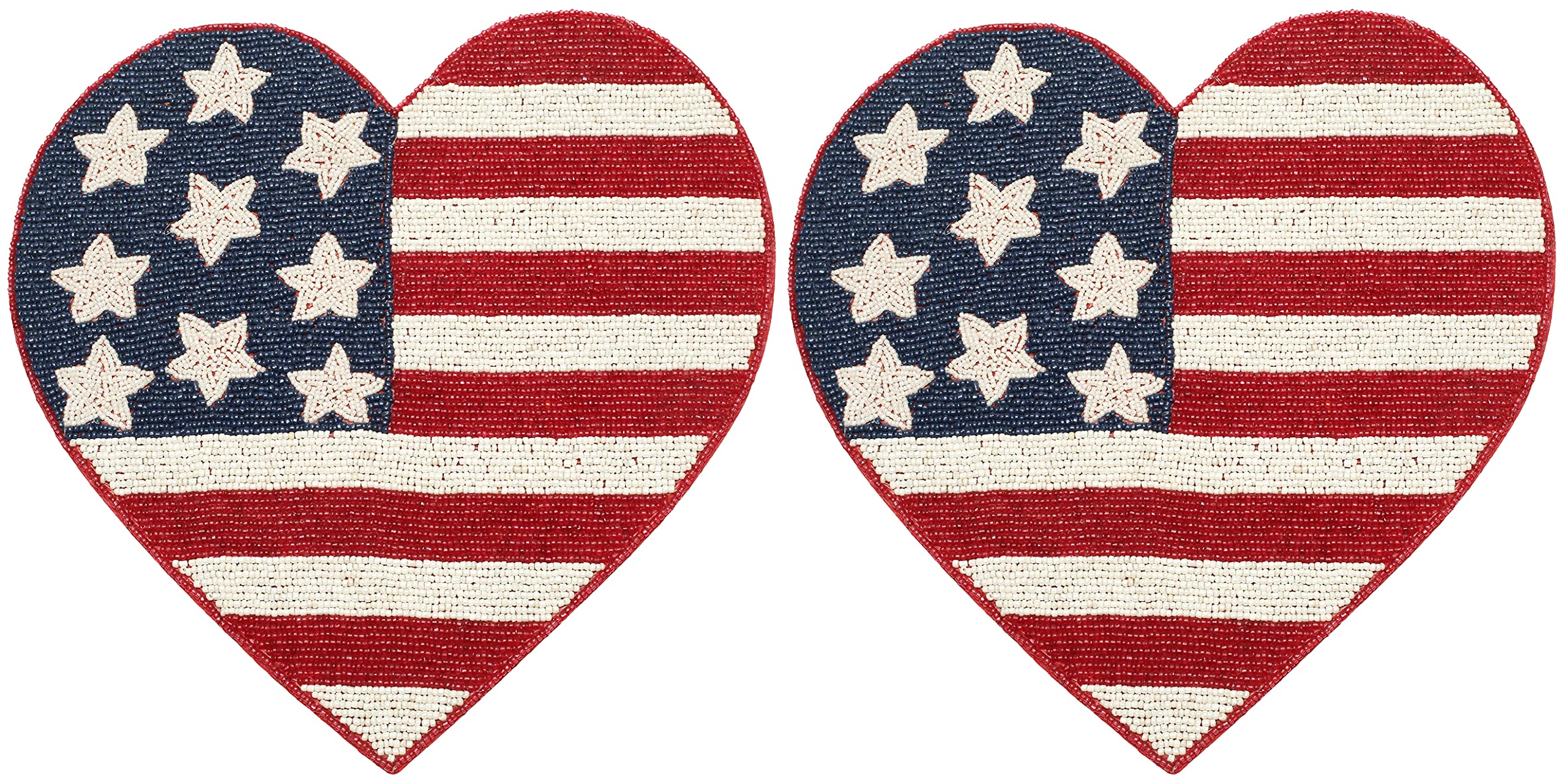 Lightnpro Heart-Shaped Beaded Placemat Set of 2 - Handmade Charger Mat -Patriotic Table Decor for 4th of July, Independence Day, Memorial Day, Family Gathering, Summer Parties -13 Inch Red White Blue