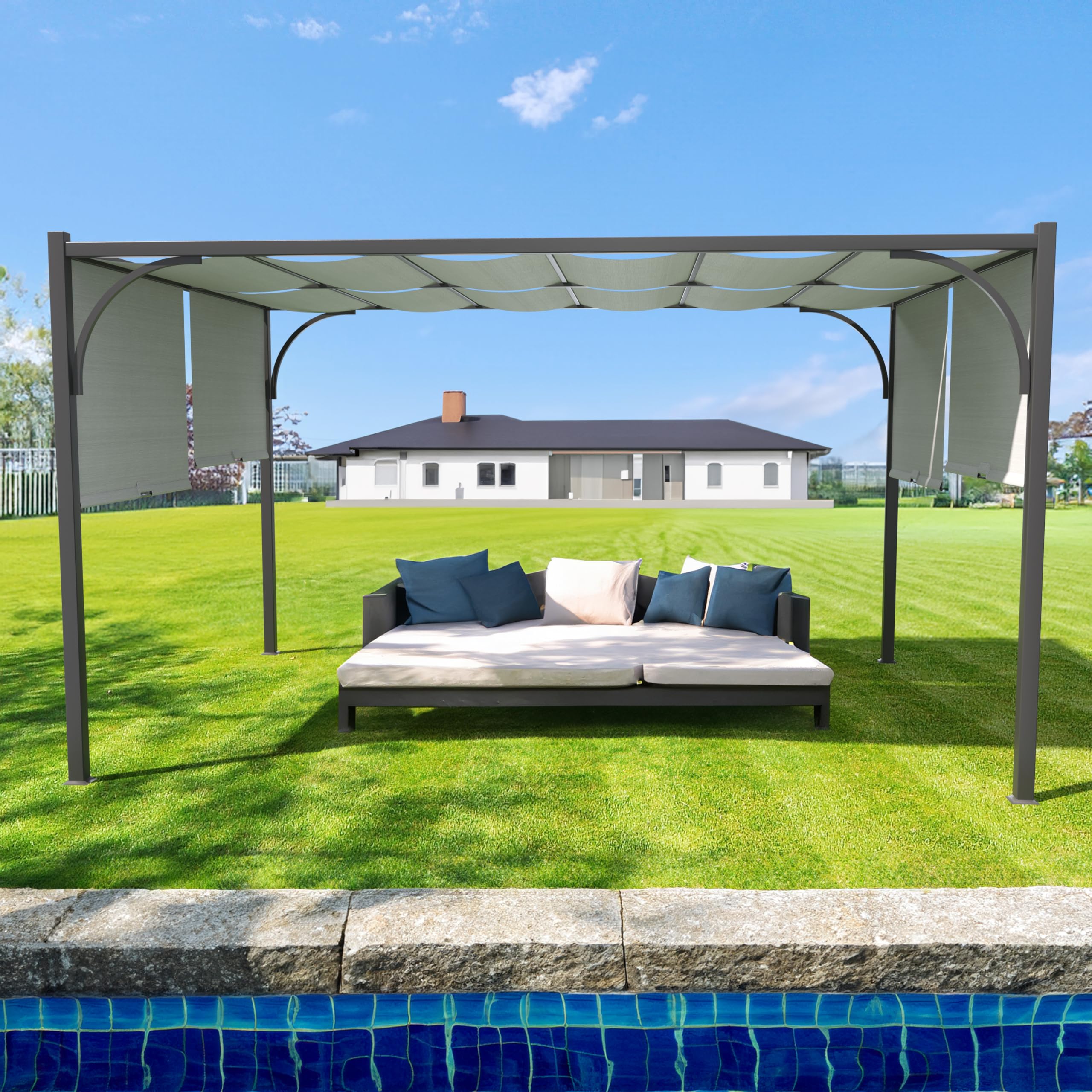 BRICOZONE Pergola Gazebo 3x4 M Struttura in Acciaio Nero con Tetto Scorrevole Telo Impermeabile Retrattile per Giardino Terrazzo Piscina Esterno Campeggio Grigio