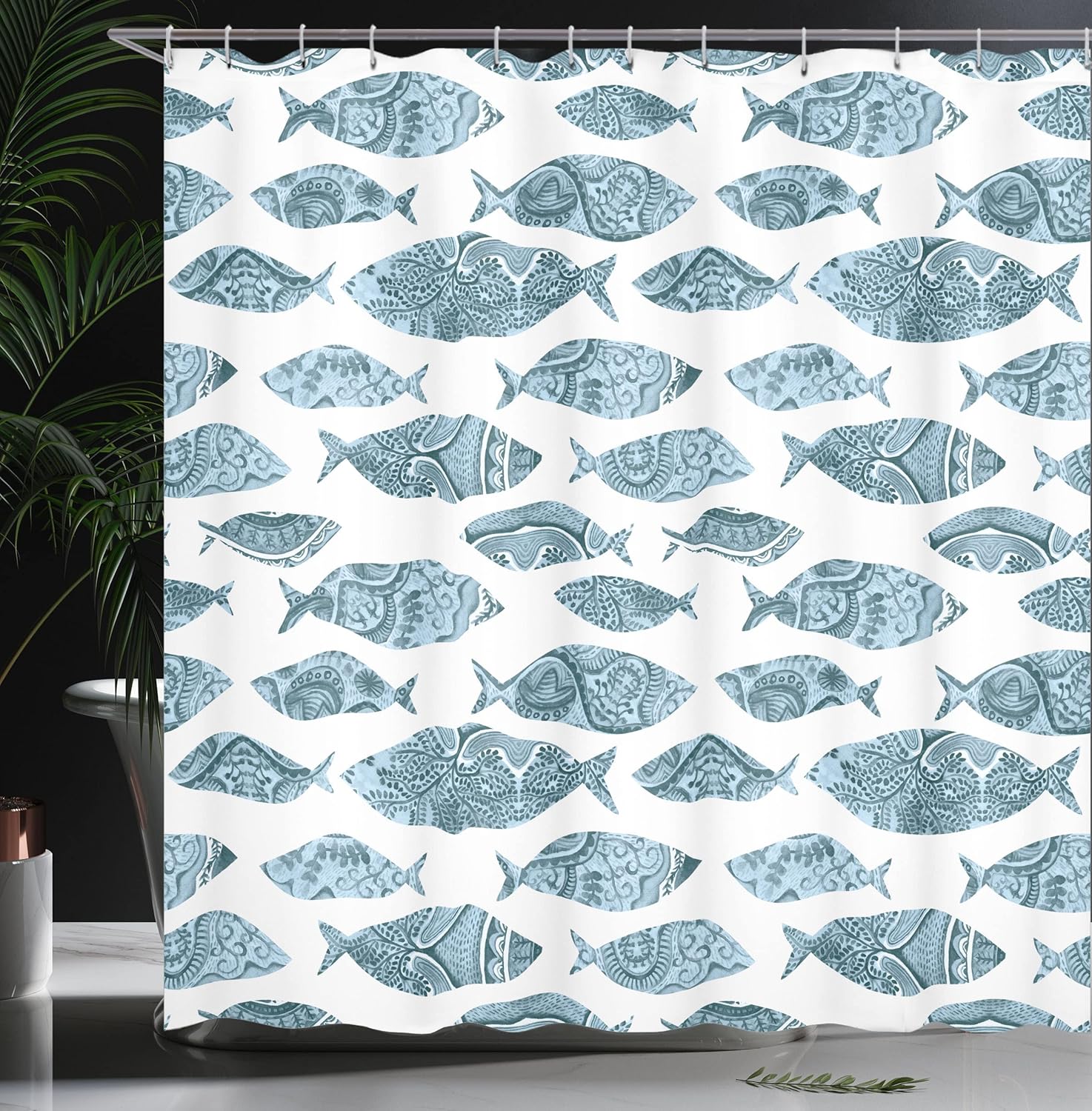 Ambesonne Nautical Shower Curtain, Fish Sea Animal with Ottoman Ornate Mosaic Hand Drawn Style Marine Artwork, Cloth Fabric Bathroom Decor Set with Hooks, 69" W x 70" L, Blue Grey