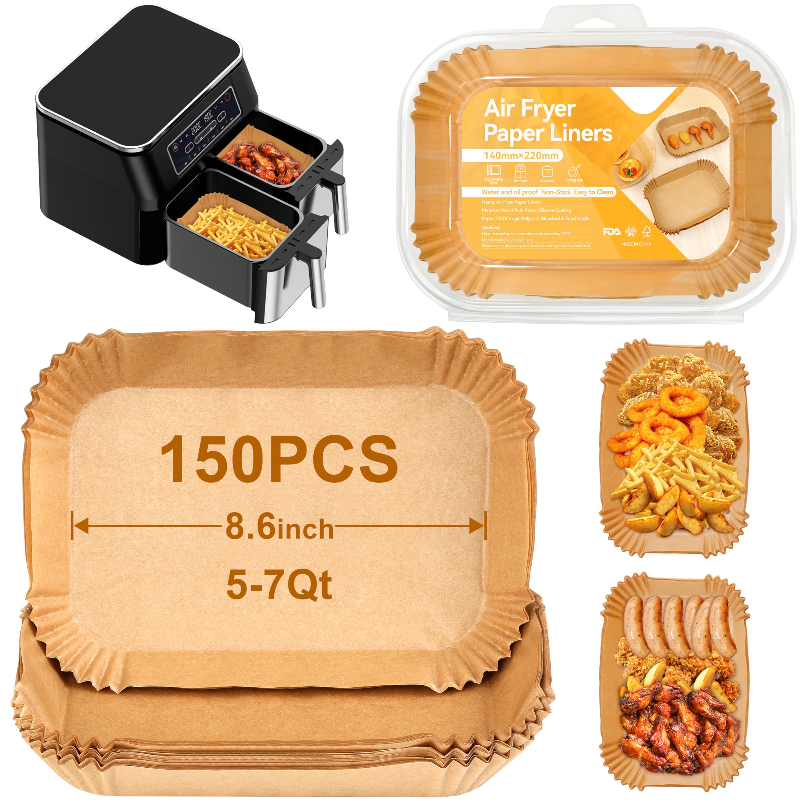 Ambienden Air Fryer Liners 22cm 150PCS, Non-Stick Disposable Paper Liners for Ninja Dual Air Fryer AF300UK AF400UK, Air Fryer Accessories