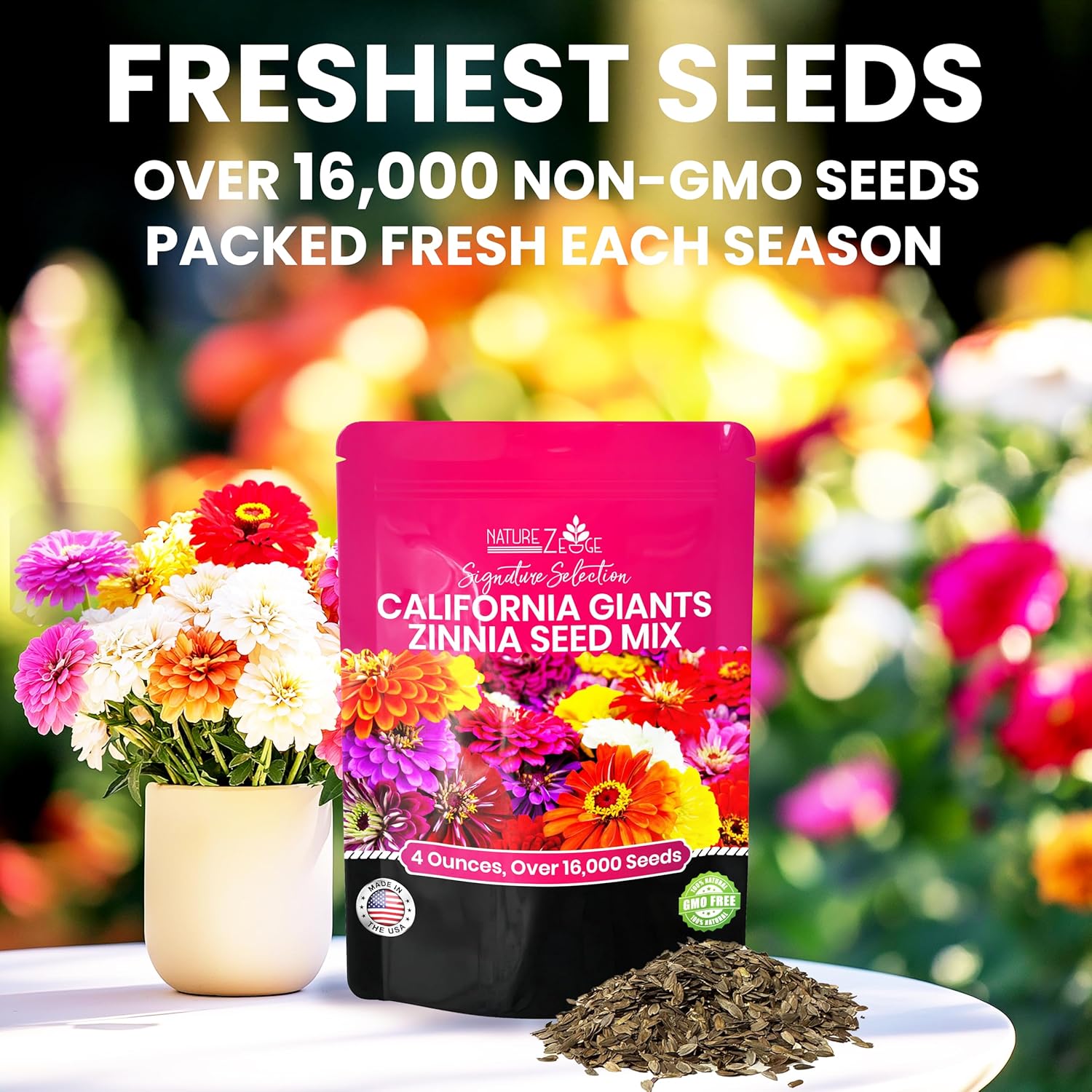 NatureZ Edge Zinnia Seeds for 2026 Planting Outdoors, Over 16,500 Flower Seeds, 1/4 lb, Non GMO Made in USA, Bulk Semillas De Flores para Sembrar, California Giants, Easy to Grow Zinnia Seed Mix