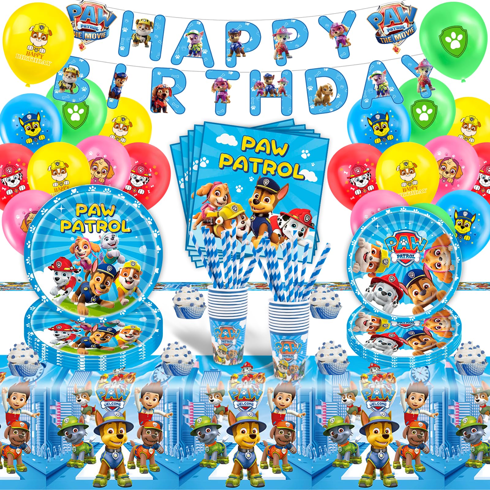 WD1. Yumcute 82Pcs Party Supplies Set With Balloons, Tableware, Reusable Paper Plates, Cups, Napkins and Tablecloth - Birthday Decorations for 20 Guests