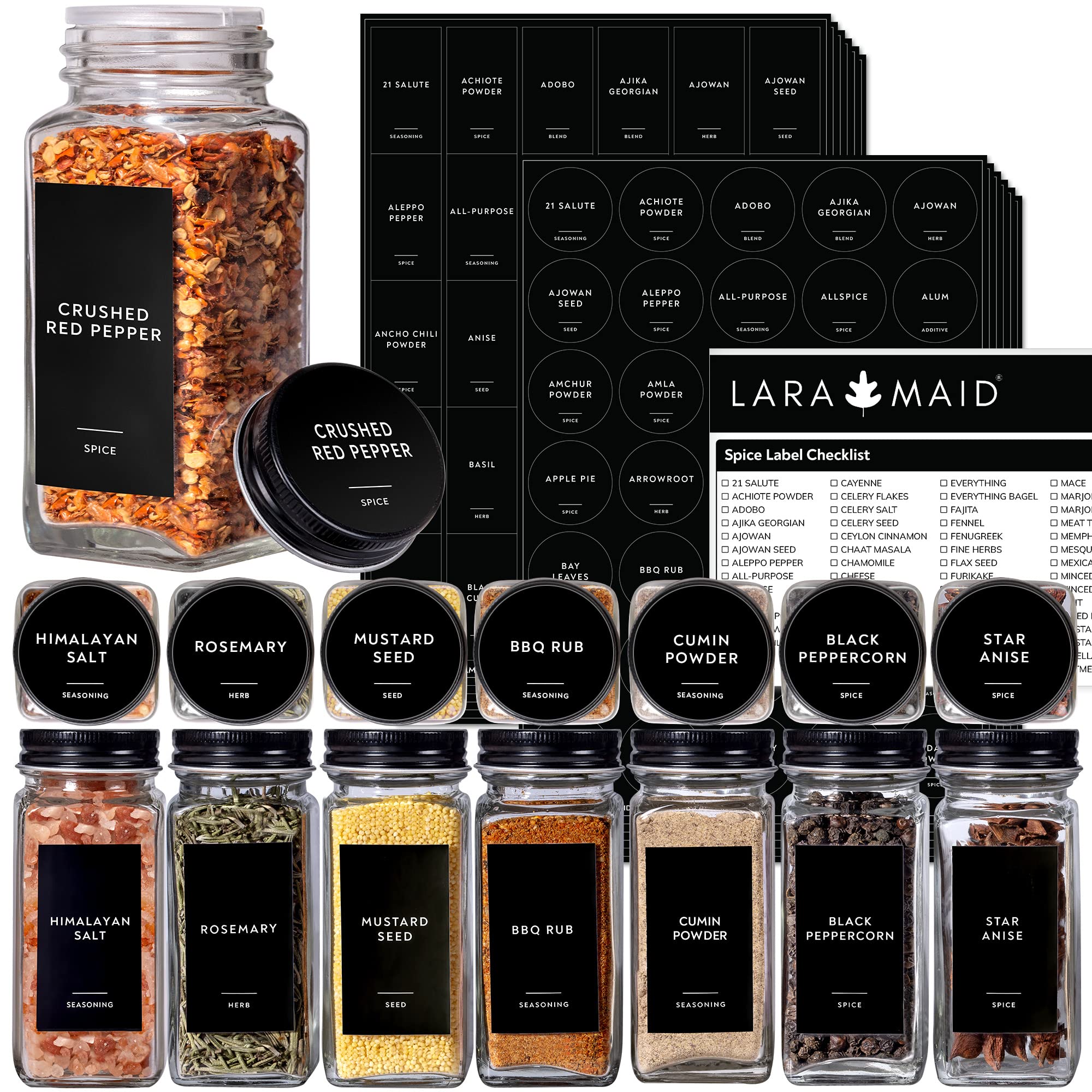 Laramaid372 Minimalist Spice Jar Label Set, White Text on Black Matte Vinyl Waterproof Label Sticker - Fits on Round, Square and Rectangle Glass Jars - Organize Kitchen and Pantry