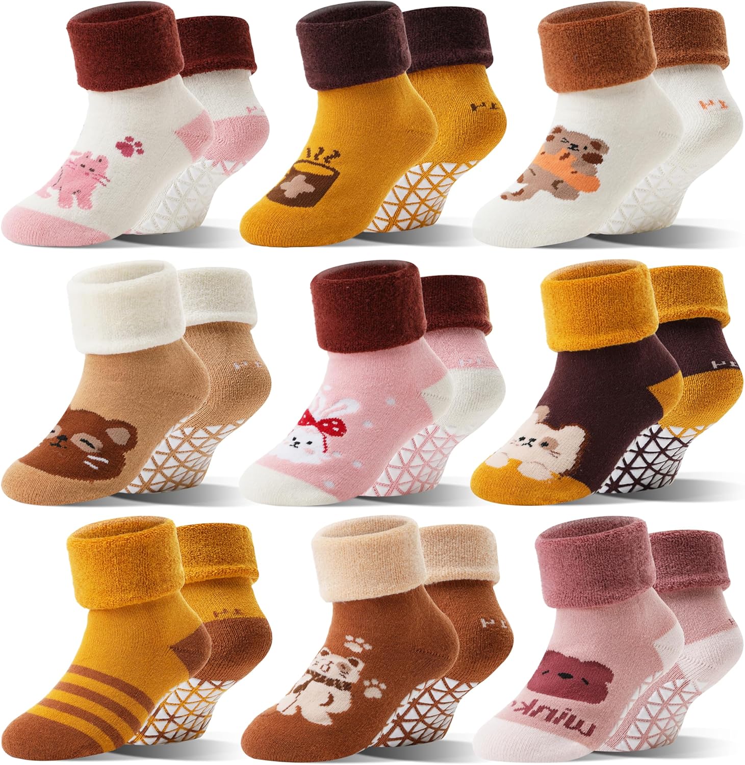 Toddlers Kids Grips Socks Warm Thermal Winter Thick Anti Slip Non Skid Ankle Crew Socks 9 Pairs for Baby Boys Girls Infants
