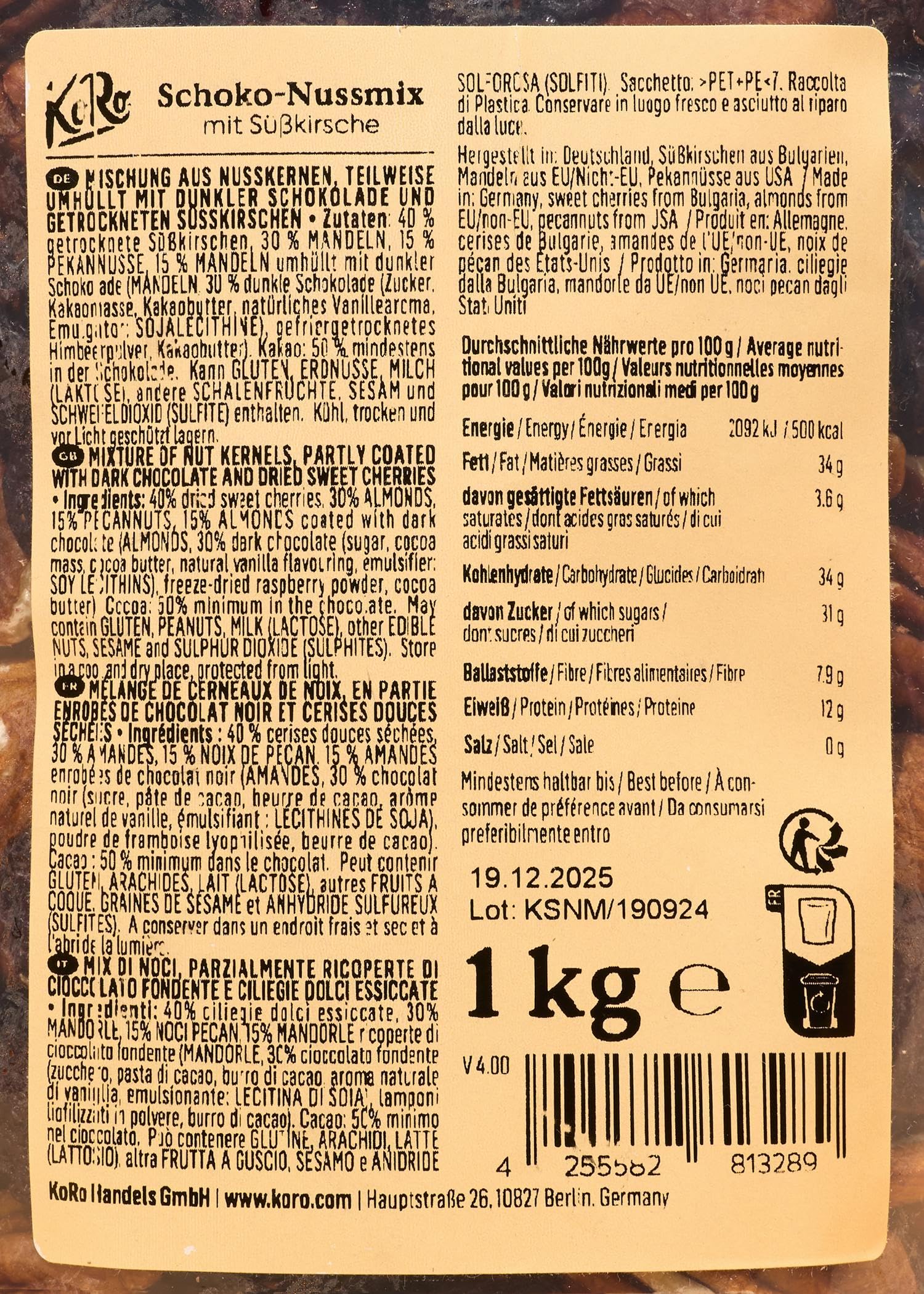 KoRo - Mélange d'oléagineux au chocolat avec griottes 1 kg - Snack idéal - Chocolaté et fruité - Grand emballage pratique