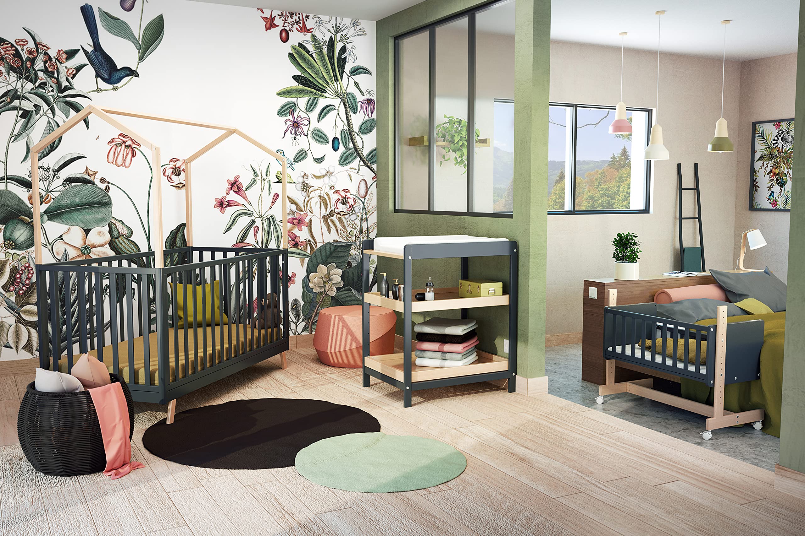 AT4 - Culla co-sleeping evolutiva ESSENTIEL legno - Grafite Grigio/Faggio - 40 x 80-88 x 45,50 x 79,50 cm