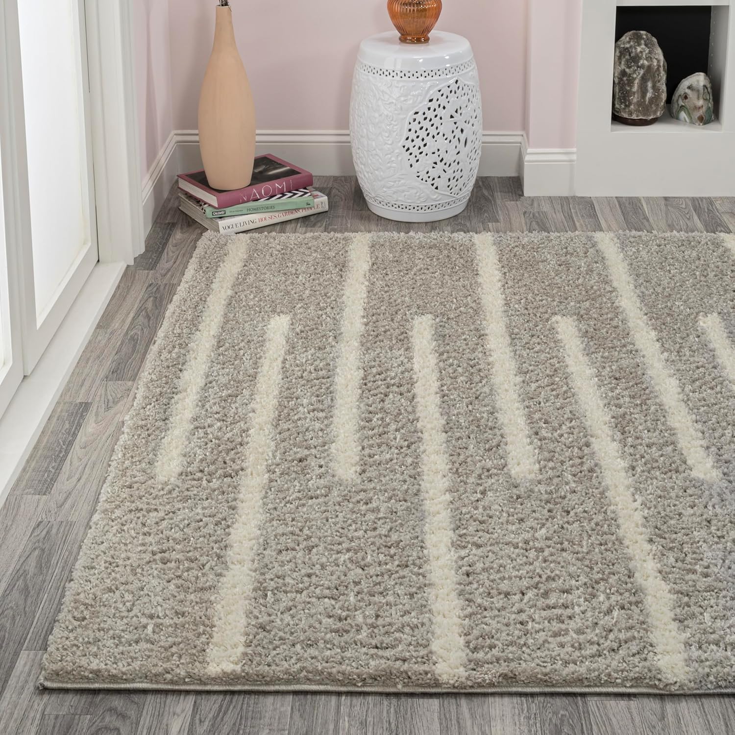 JONATHAN Y Alaro Berber Stripe Shag Gray/Ivory Indoor Area Rug, 3x5, Bohemian, Contemporary, Easy-Cleaning for Living Room, Bedroom, Kitchen, Pet Friendly, Non-Shedding (MOH402B-3)