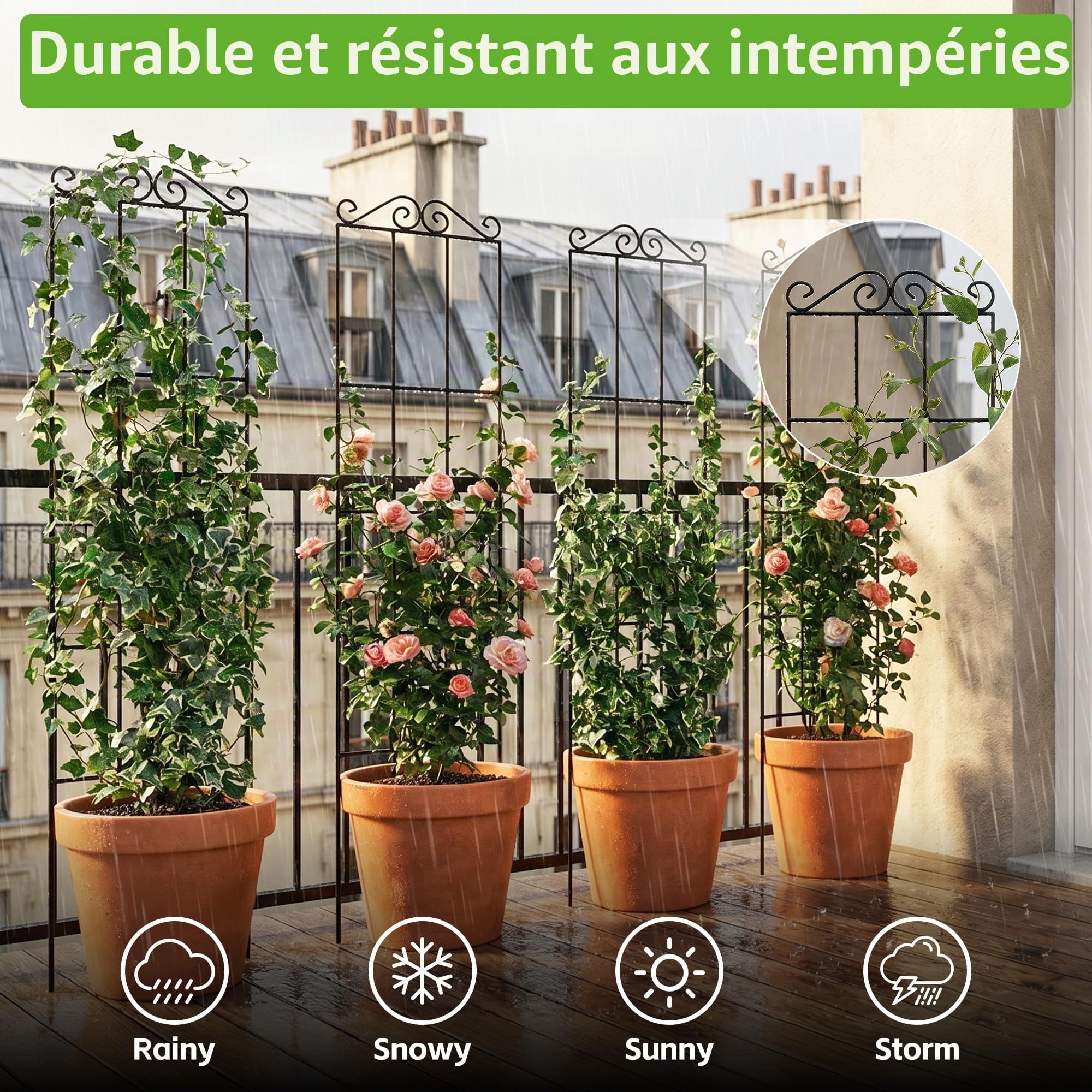 ARIFARO Lot de 4 treillis de jardin en métal pour plantes grimpantes, intérieur/extérieur - 147 cm - Robuste pour plantes en pot, vignes grimpantes, noir