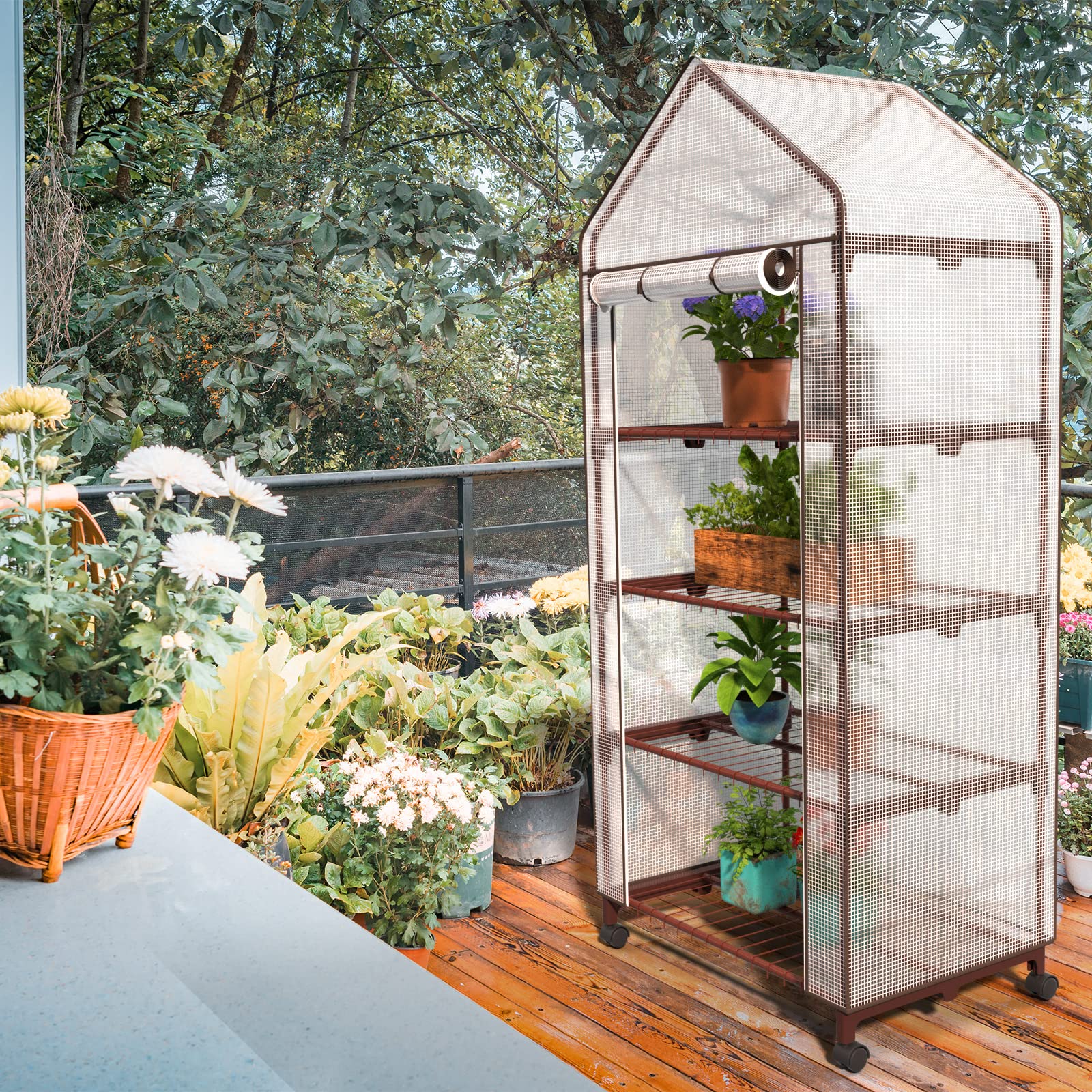 UDPATIO Invernadero Con 4 Niveles, Pequeño Invernadero Con Estantes, Puerta Enrollable, 4 Ruedas Y 4 Ganchos Para Tierra, 171x70x50 Cm, Ahorro De Espacio, Para Balcón, Habitación, Jardín