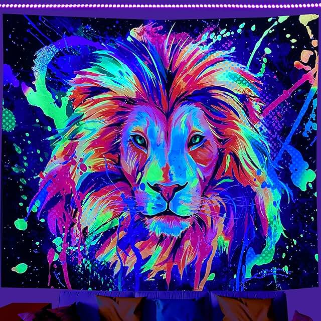 Blacklight Tapestry Black Light Lion Tapestry UV Reactive Neon Tapestry Graffiti Lion Tapestry Glow Under Black Light Wall...
