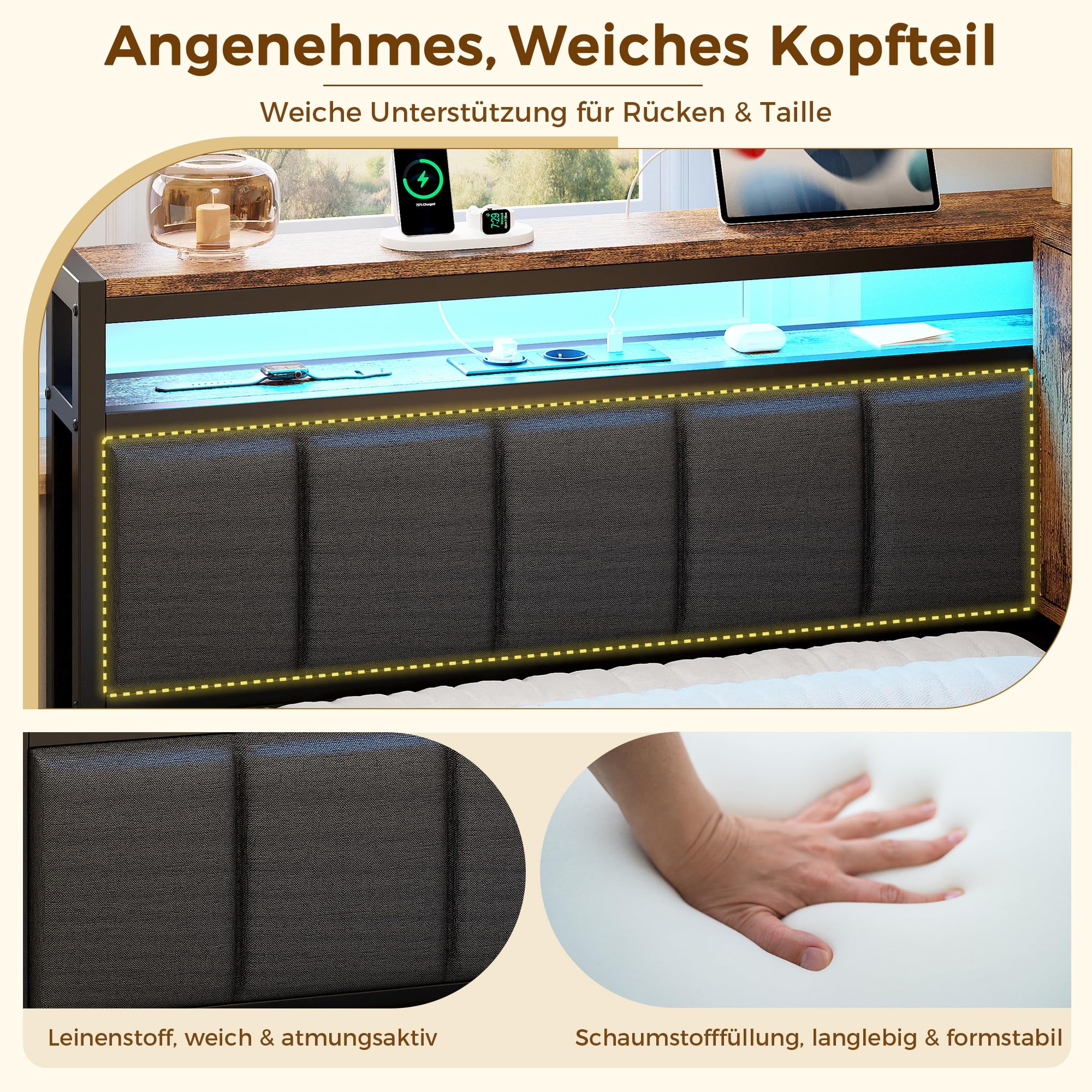 IRONCK Polsterbett Schlafsofa 90x200 mit LED, Bett mit Ladestation | Tagesbett Jugendbett mit Steckdosen, USB & USB-C, Bettgestell Gästebett mit 2 Schubladen und Lattenrost aus Metall