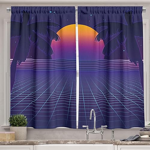 Ambesonne Synthwave - Cortinas de cocina, diseño retro de fiesta con estampado de sol y palmeras, juego de 2 paneles para decoración de cocina y
