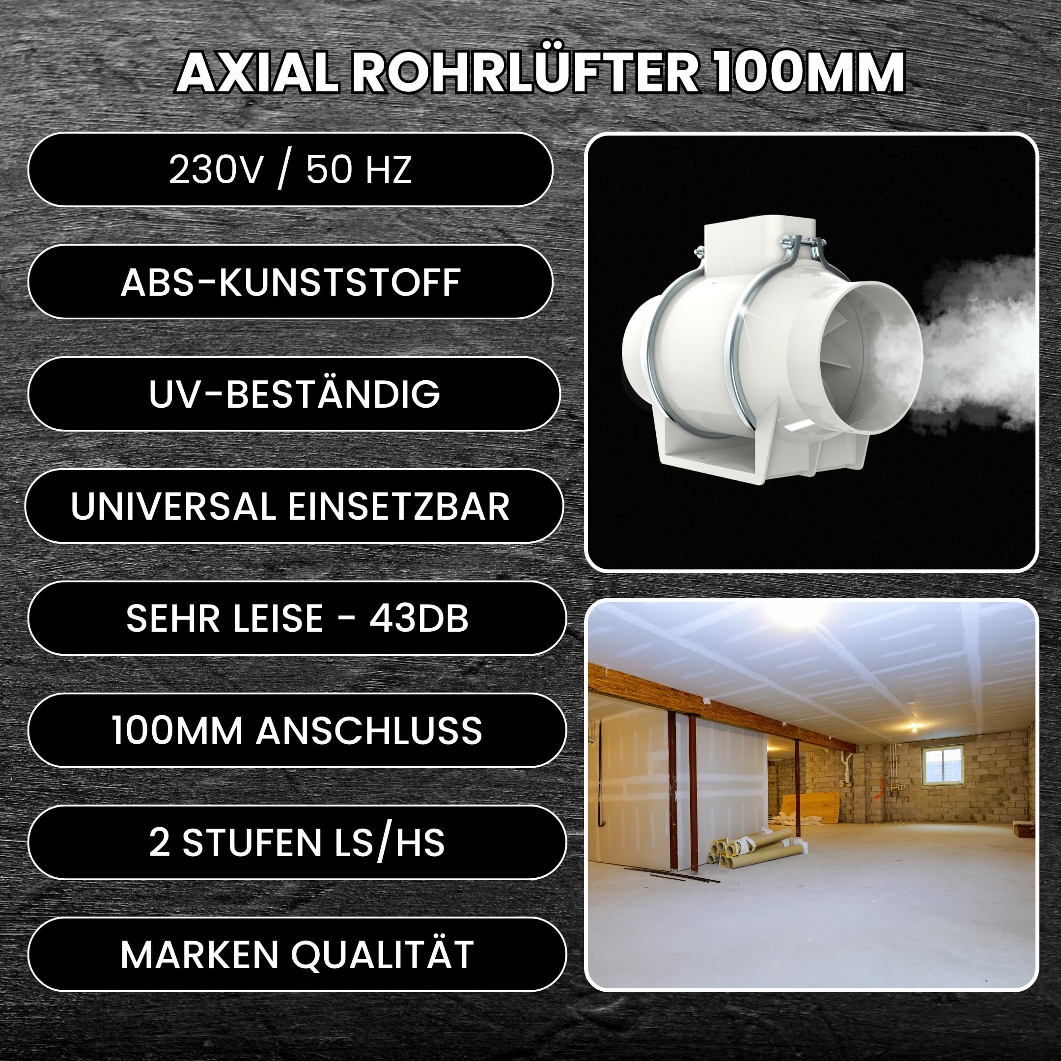 TronicXL Turboventilator Axial Rohrventilator regelbar mit Ein Ausschalter regelbar und Kabel 100mm leise Rohrlüfter Abluftventilator Abluft Zuluft Lüfter Ventilator Bad Garage Keller Wand Einbau