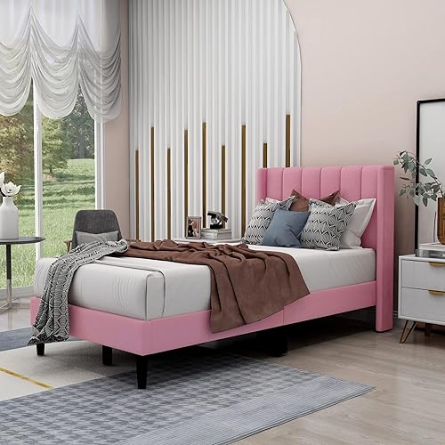 Twin Upholstered Platform Bed Frame with Headboard, Mattress Foundation, Wood Slat Support, Quiet, no Box Spring Needed, Easy to Assemble Pink
