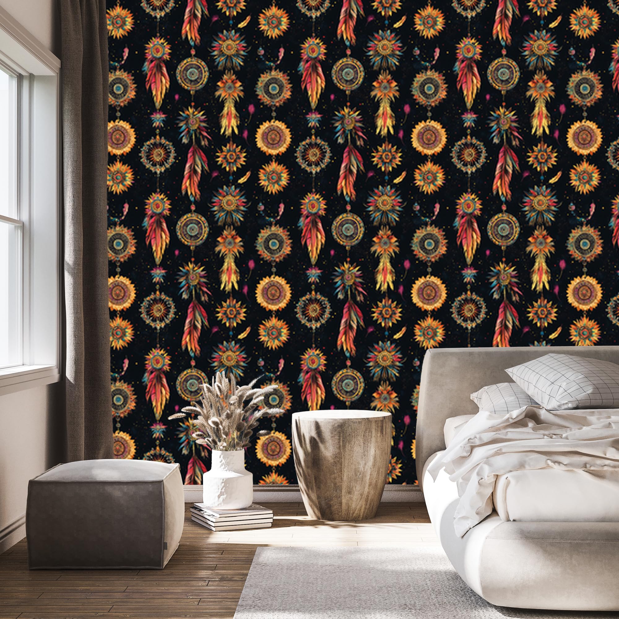 Vliestapete Boho – Schwarz und Ocker 50 x 1000 cm | Ausdrucksstarke Bildgestaltung; Charaktervoller Raumschmuck; Harmonische Akzentfläche; Kleister im Set