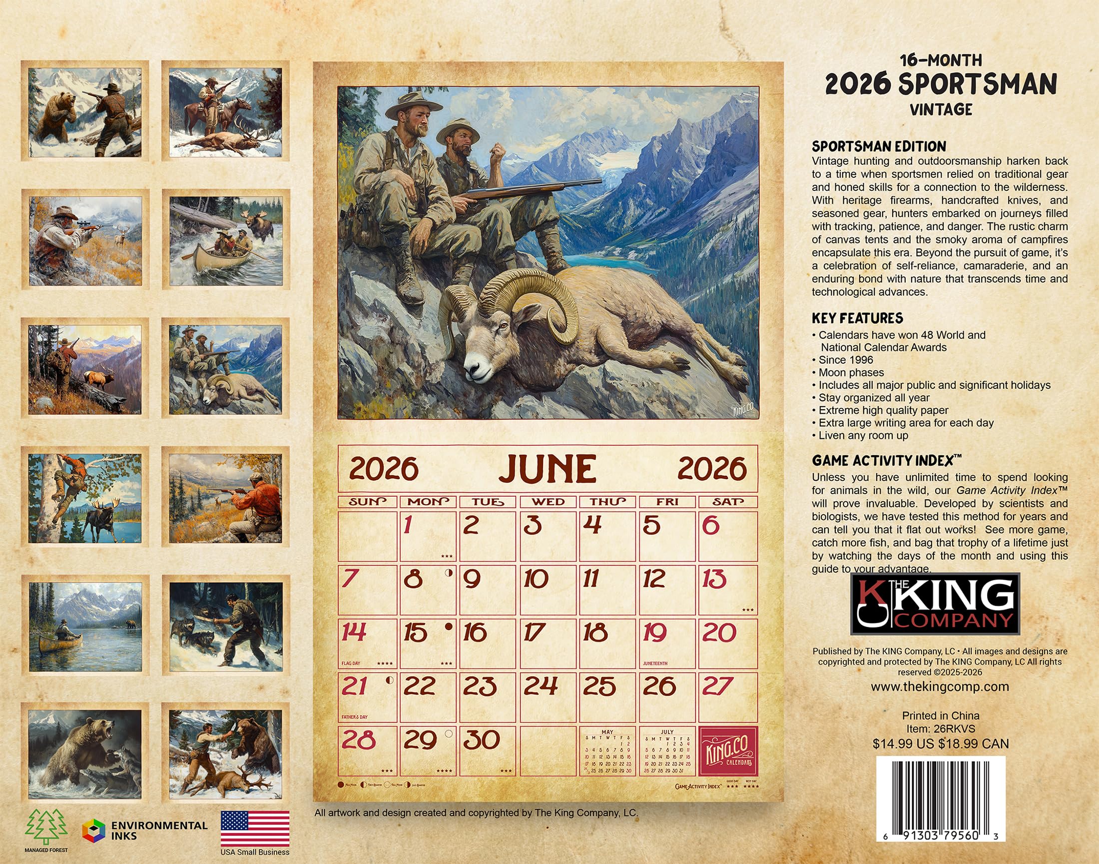 2026 Vintage Sportsman Wall Calendar 16-Month X-Large Size 14x22