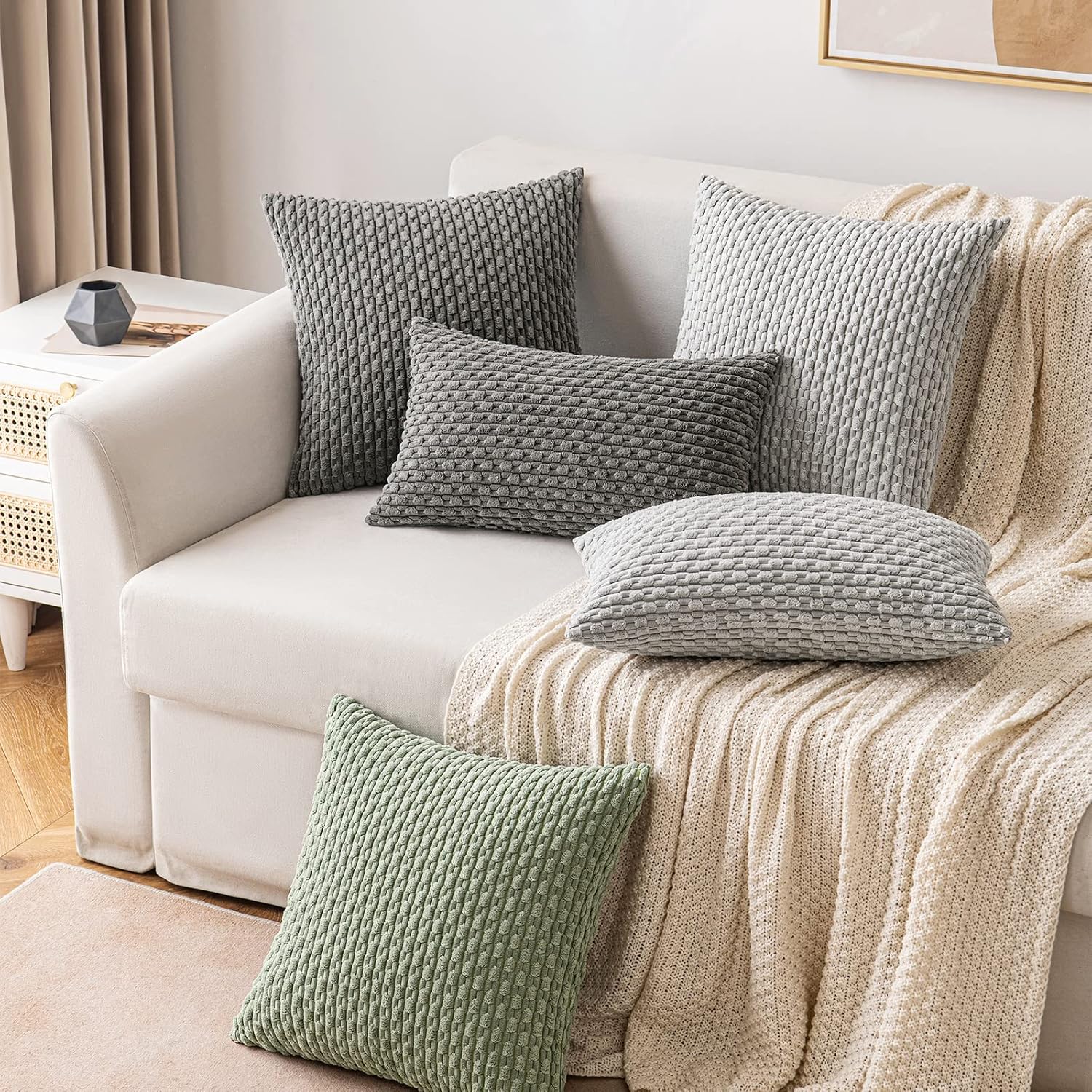 MIULEE Set of 4 Throw Pillow Covers Soft Corduroy Decorative Boho Striped Pillow Covers 18x18 Inch Chenille Pillow Covers