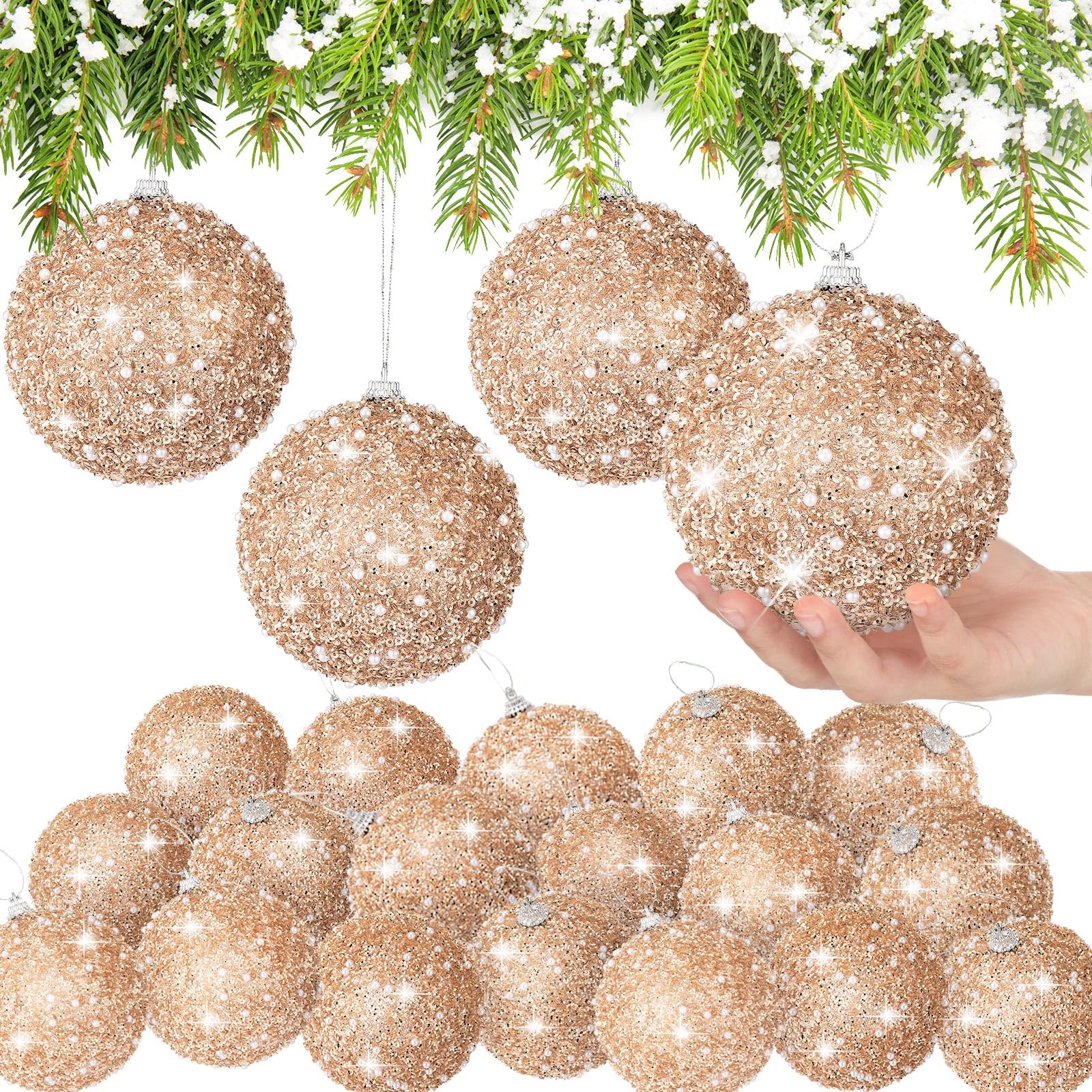 Lyrow Juego de 24 adornos de bolas de Navidad de 4 pulgadas de espuma con purpurina, decoraciones de árbol, decoraciones de árbol de Navidad, adornos decorativos colgantes para árbol, hogar, boda,