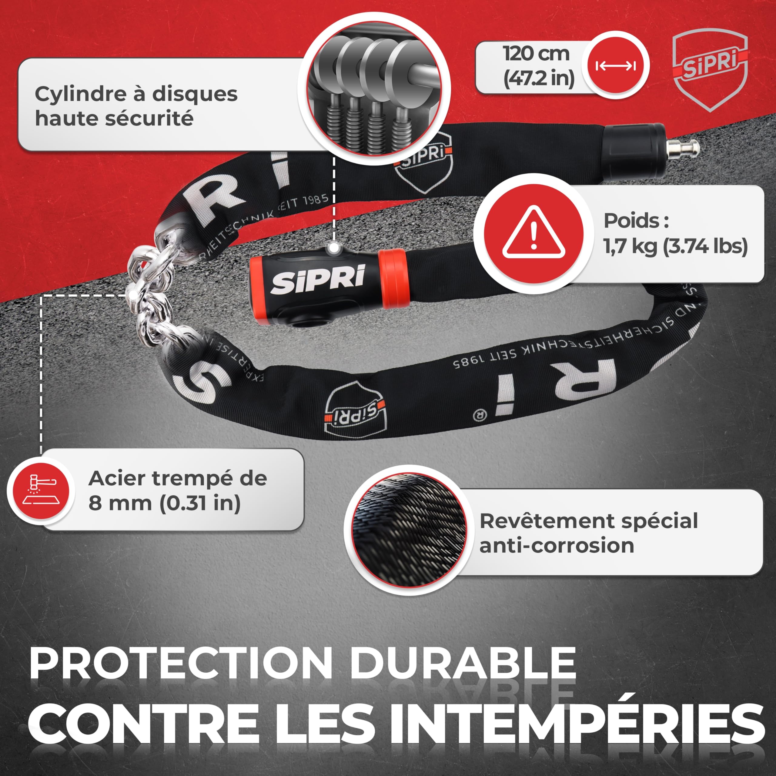 SIPRI Antivol pour vélo avec alarme 120 dB | Antivol à chaîne pour vélo | électrique, scooter électrique, moto, 8 mm en acier, résistant aux intempéries, robuste, durable, clé