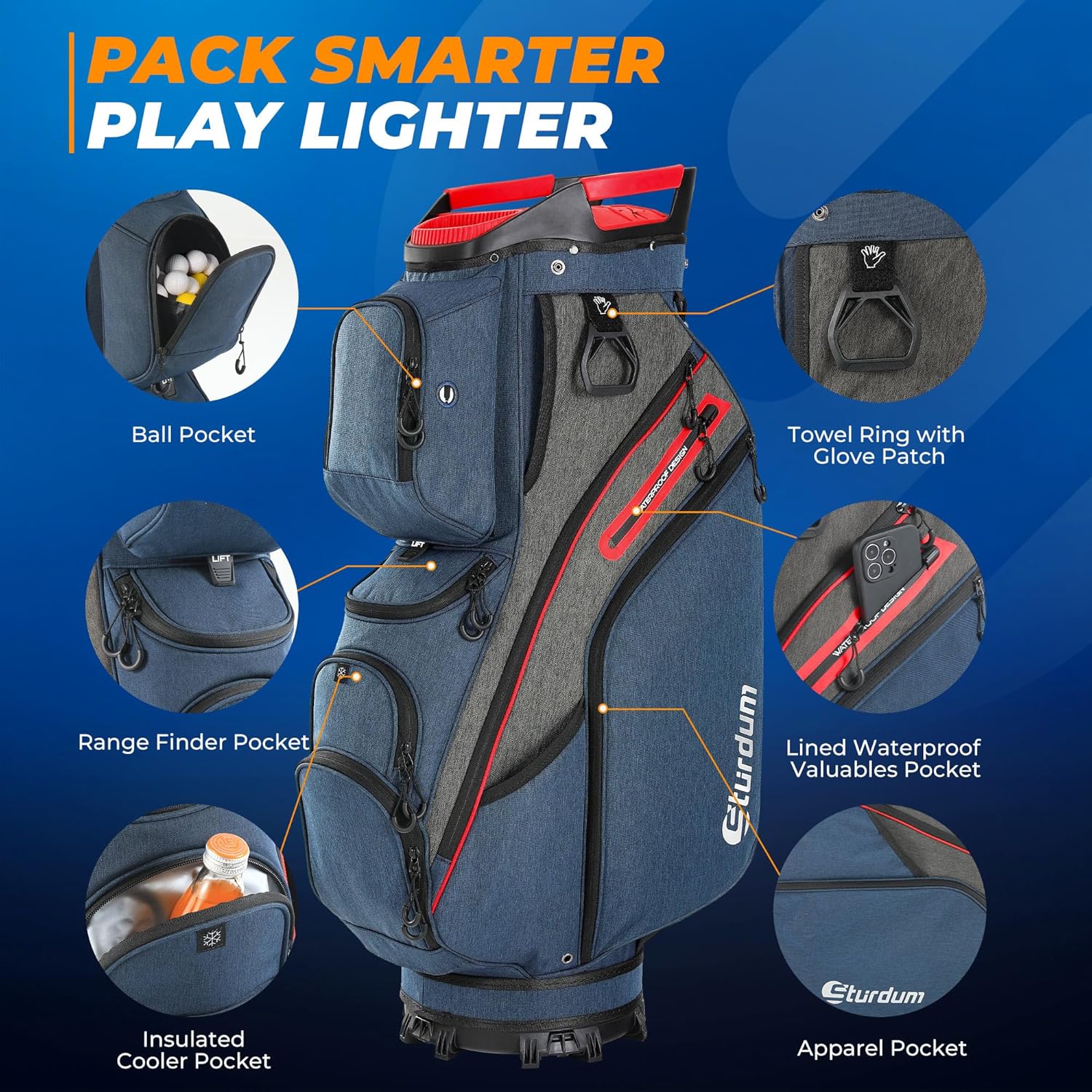 Golf Cart Bag with Rubber Grip Top Rigid Inner Shell, Quiet & Safe 15 Way Organizer Full-Length Dividers, Lightweight Cart Bag with Cooler Pockets, Handles for Men and Women