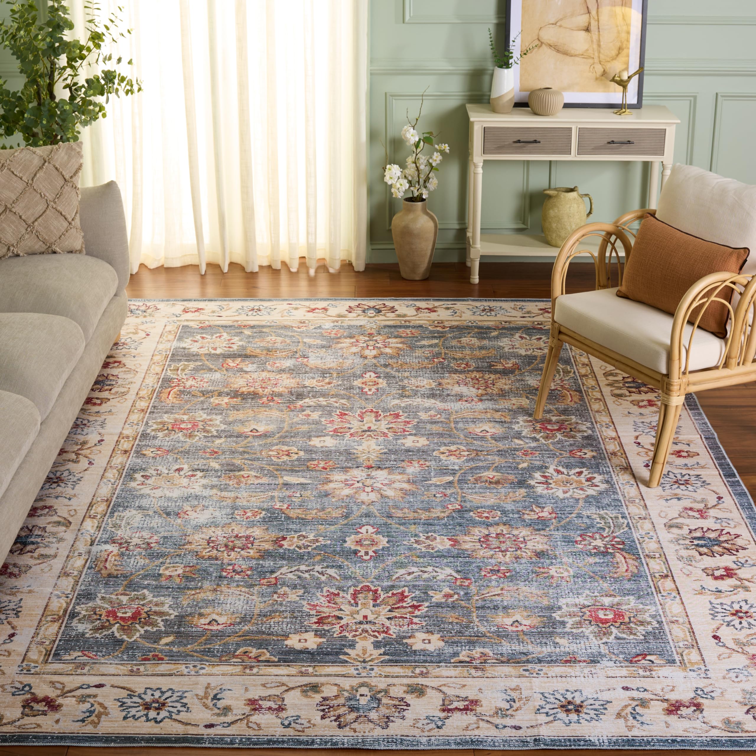 SAFAVIEH Tapis de Sol Vieilli Rug Idéal pour Les Zones à Fort Passage - Lavable en Machine et Antidérapant - Arizona Collection, Tapis à Poil Court, in Vert et Beige, 240 X 300 cm