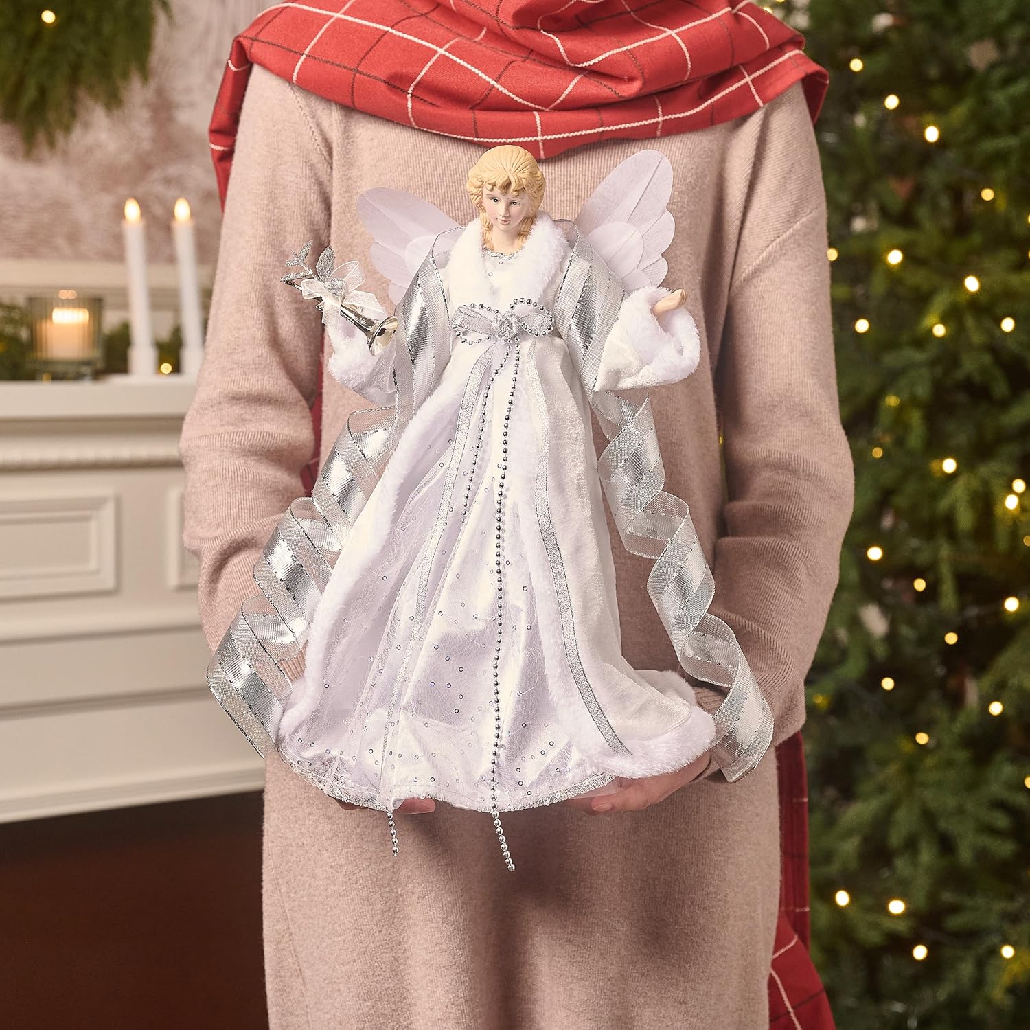 Valery Madelyn Lighted Christmas Tree Topper Angel with Timer, 16 Inch White and Silver Fabric Angel Tree Topper with Lights for Christmas Tree Decoration Indoor, Battery Operated, Valentines Gift