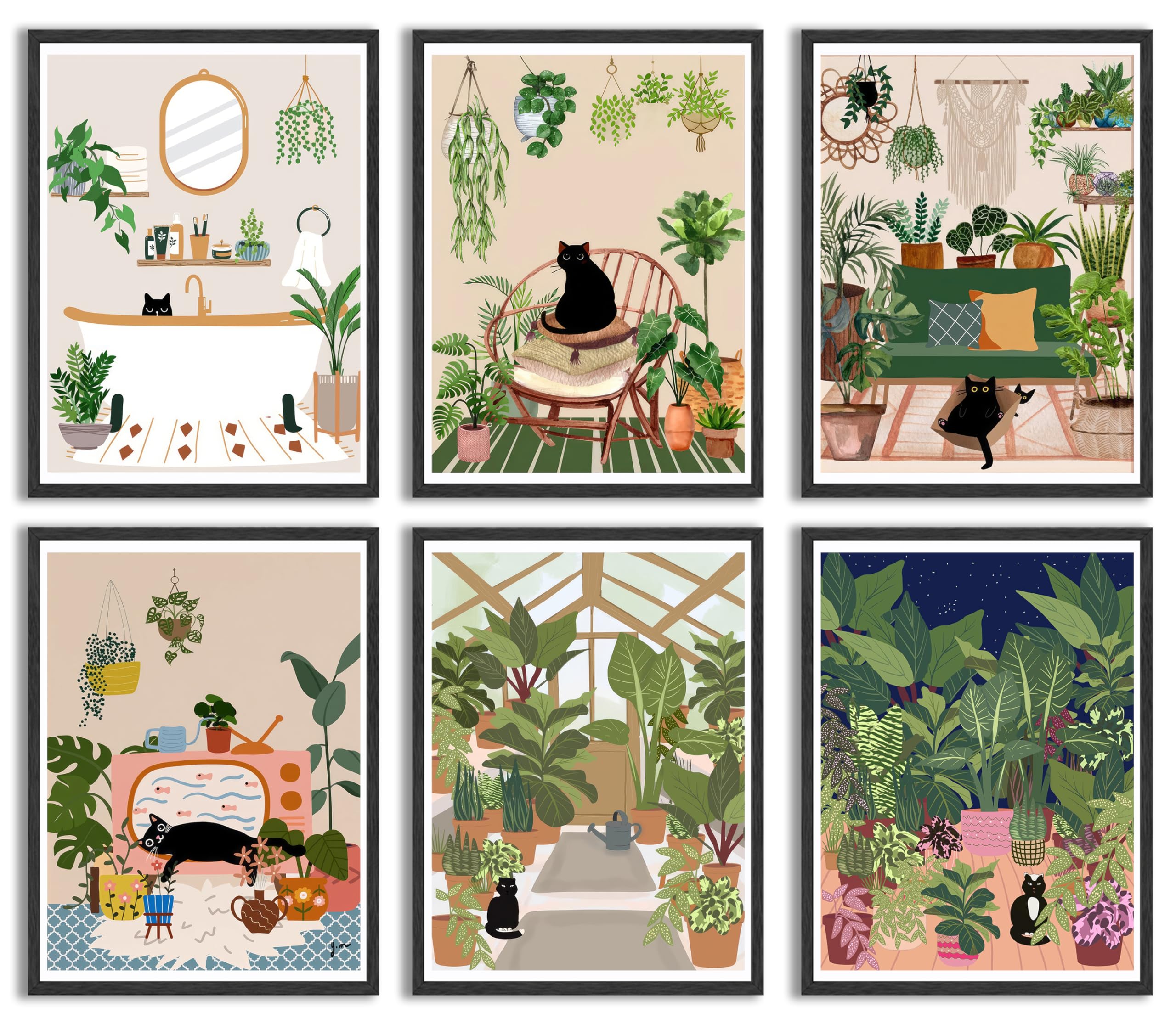 6Pcs Green Plants Black Cat Poster Wall Art Classic Vintage Botanical Cat Posters Retro Decor Abstract Canvas Aesthetic Painting for Living Room Bedroom Bathroom Office Home Decorations Unframed