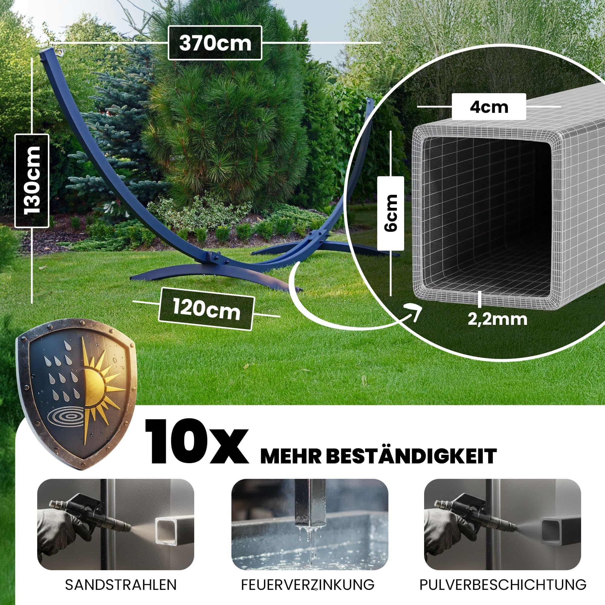 Potenza Amaca da Giardino con Supporto in Acciaio ZINCATO A CALDO – Amaca Doppia 230x160 cm, 220 kg in Cotone con Tytan Struttura lunga 370 cm, Portata 350 kg, con Telaio Resistente alle Intemperie