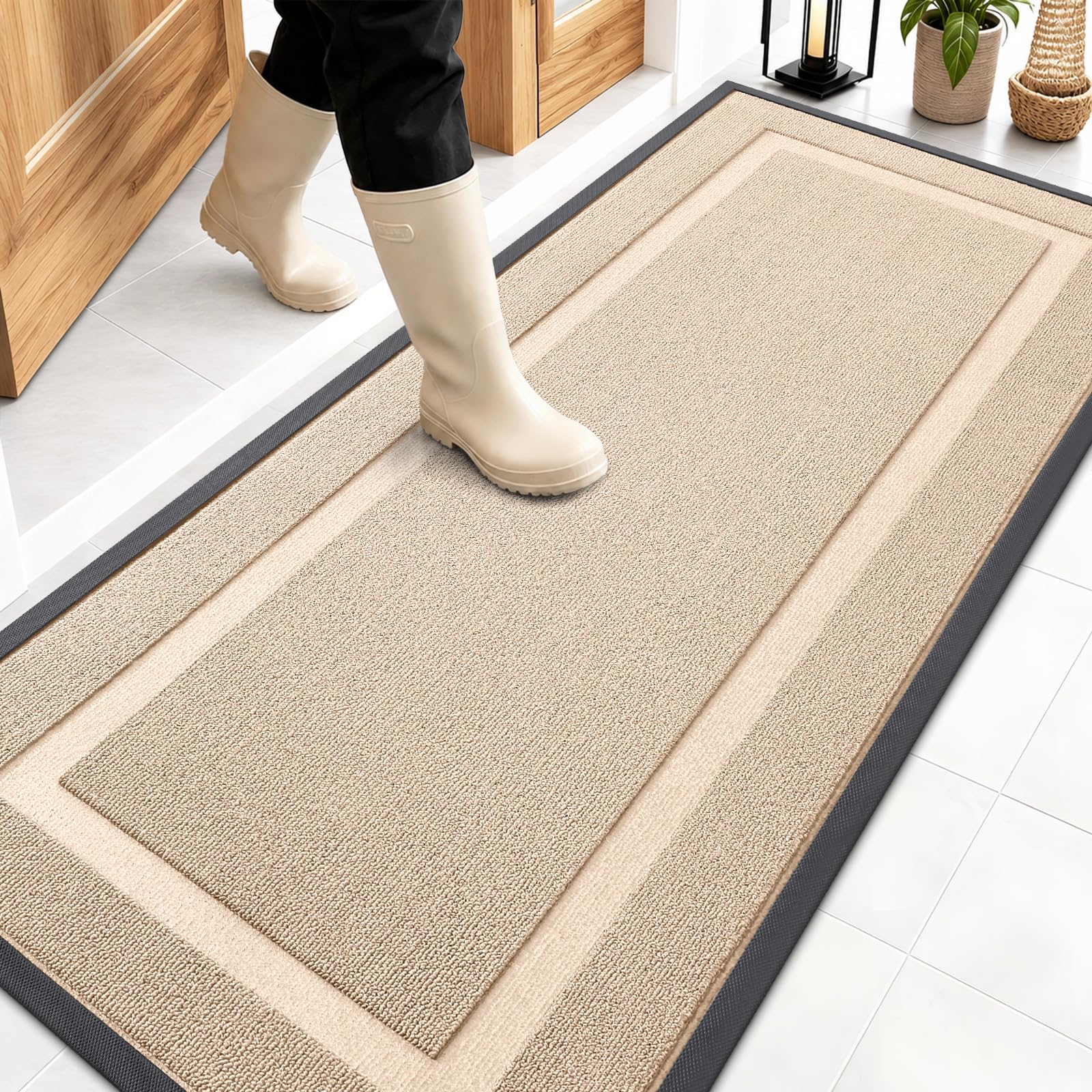 OLANLY Front Door Mat Outside 59x23, All-Season Heavy-Duty Rubber Doormat | Off-White, Absorbent, Stain Fade Resistant, Waterproof Non-Slip Backing, Low-Profile Indoor Outdoor Floor Mat for Entryway