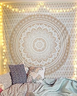 raajsee Glittering Gold Tapestry Wall Hanging Mandala- Indian Cotton Thr...