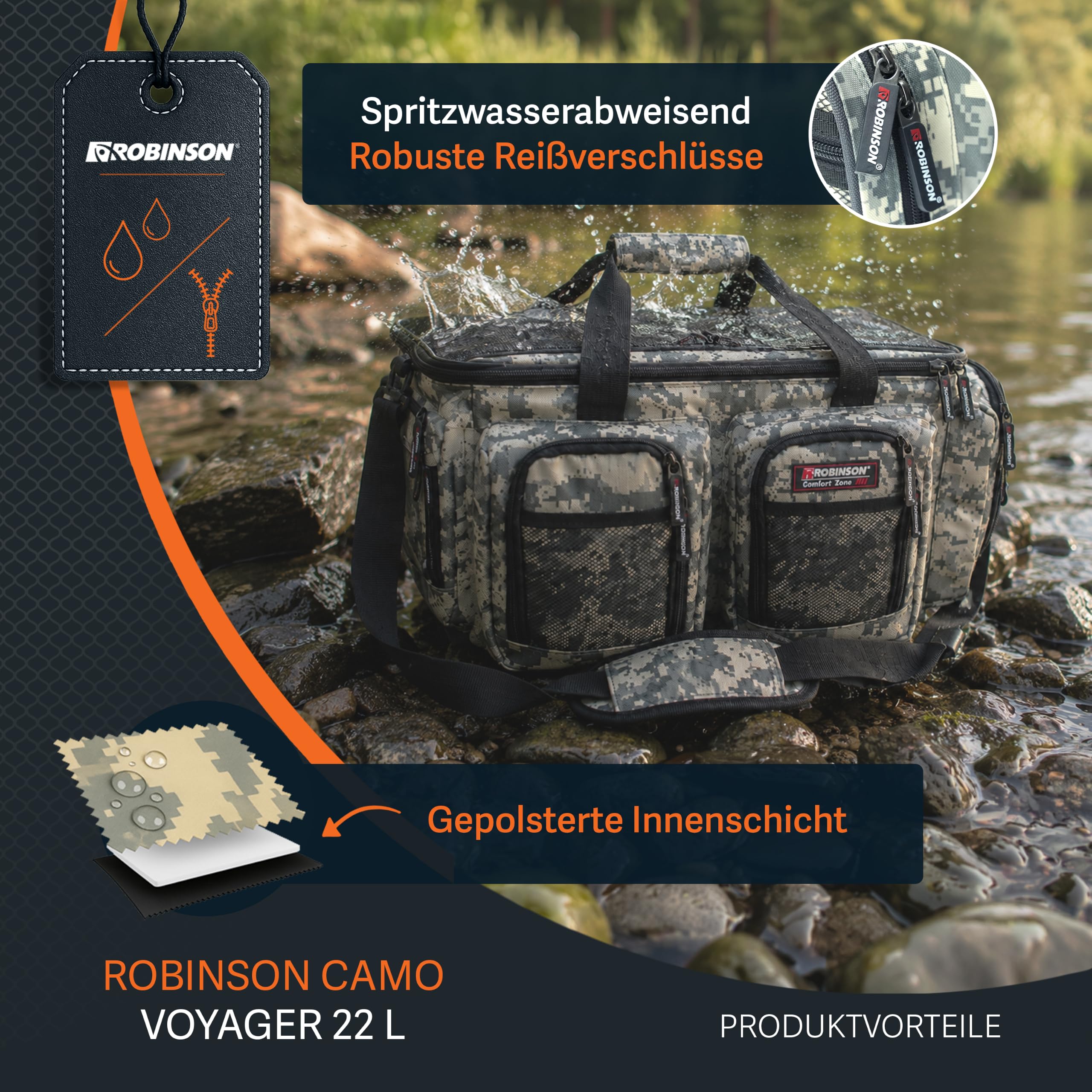 Robinson Angeltasche - Tackletasche mit Schaumpolsterung, Strapazierfähiges Reißfestes Material, Verstellbarer Tragegurt, Mehrere Außentaschen - Camo Voyager (L (22L) - 45x18x28cm)
