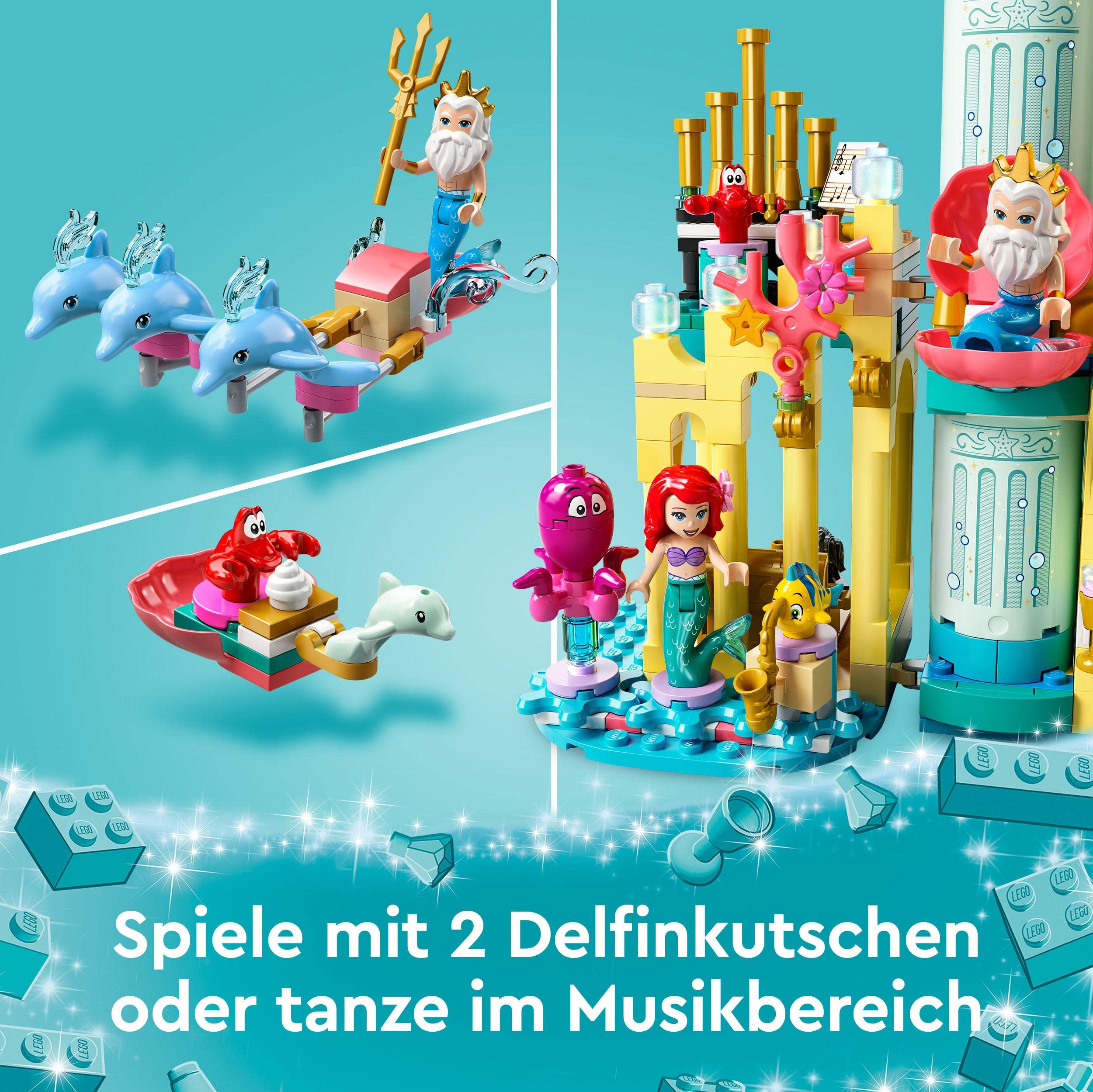 LEGO 43207 Disney Arielles Unterwasserschloss, Geschenkidee für Mädchen und Jungen ab 6 Jahren mit Arielle die kleine Meerjungfrau und 4 Delfin-Figuren