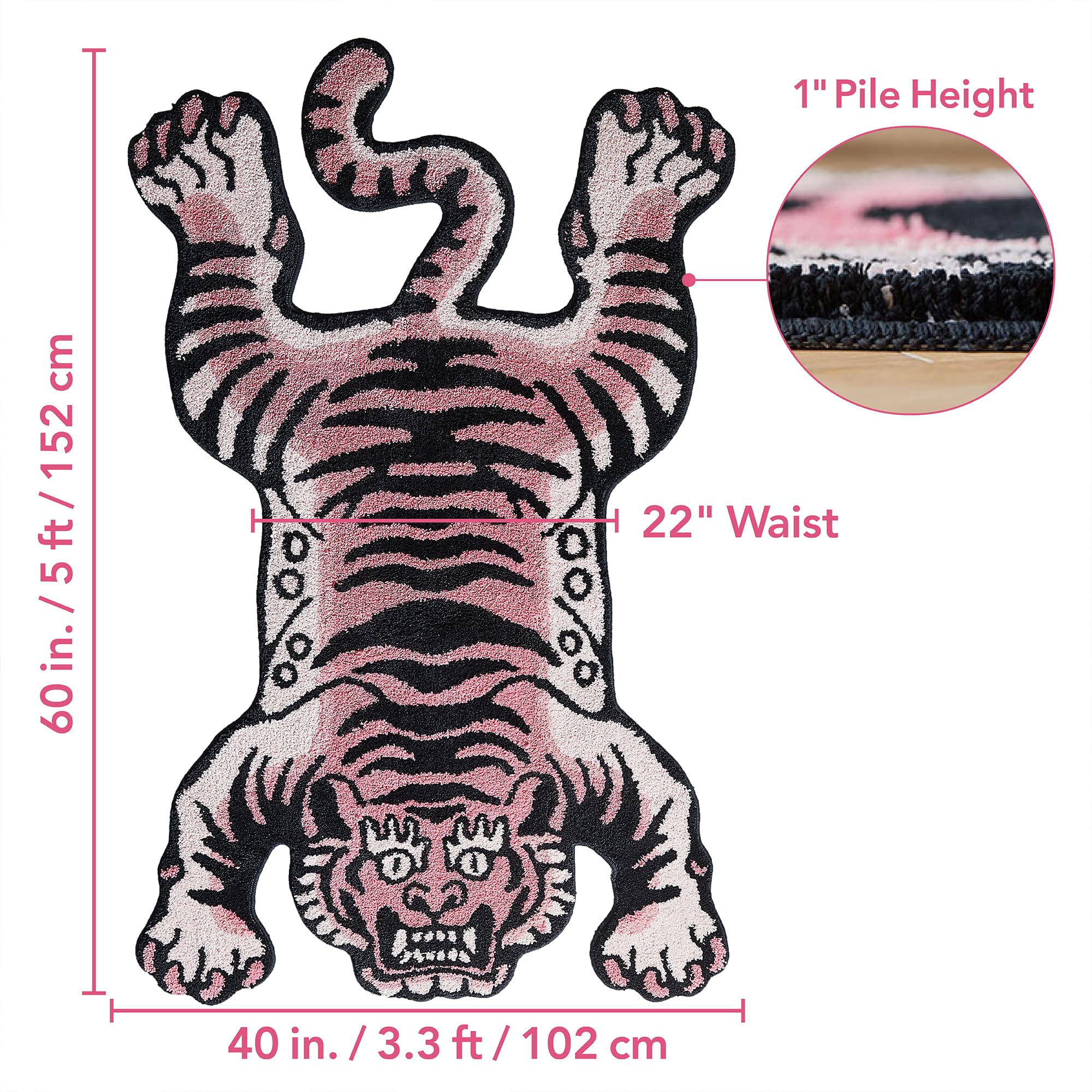 Tappeto tibetano con tigre 152x100 cm (5x3,3 piedi) a pelo alto trapuntato XLarge per interni lavabile in lavatrice con retro TPR antiscivolo - Camera da letto, Bagno, Soggiorno e Sala da pranzo