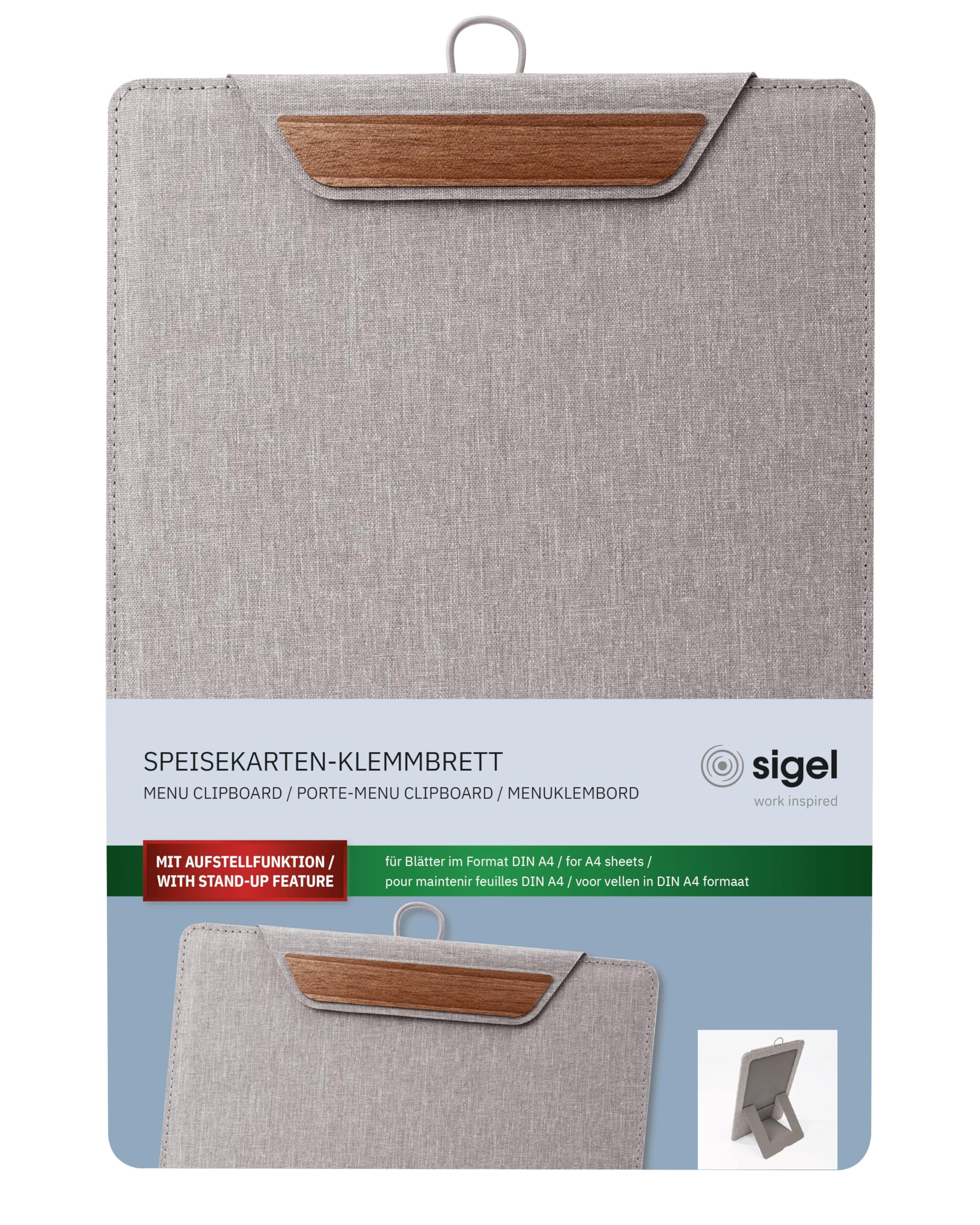 SIGEL KB223/5 podkładki zaciskowe DIN A4 jasnoszare/brązowe, 5 sztuk, z funkcją podstawki, stabilna, stylowa tablica z klipsem o szlachetnej strukturze lnu, wytrzymałe i łatwe do czyszczenia, do menu