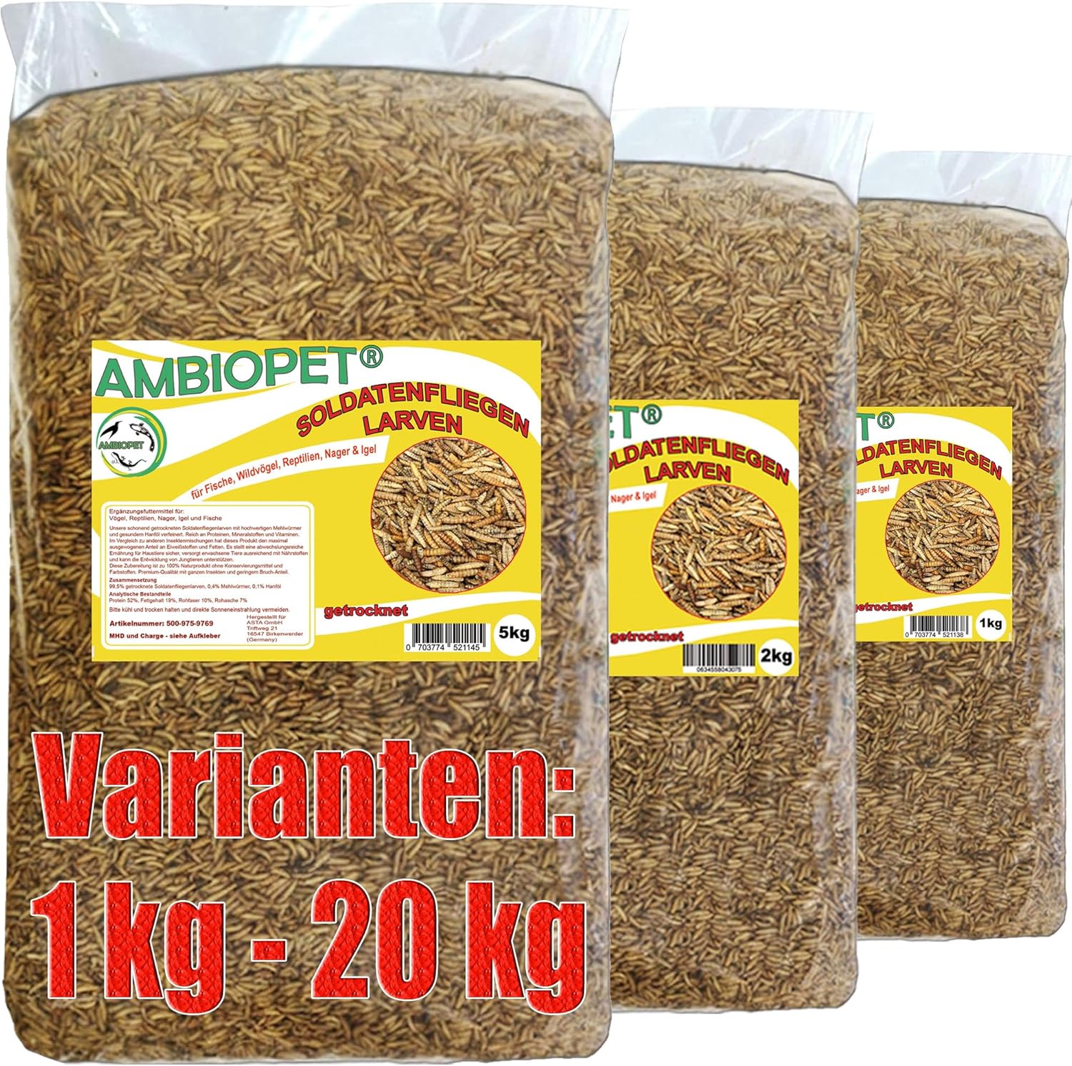 Ambiopet Soldatenfliegenlarven (Hermetia) getrocknet 5 kg Packung, Schwarze Soldatenfliege, Protein- und Fettfutter für Wildvögel, reich an Kalzium und Laurinsäure Ambiopet Soldatenfliegenlarven (Hermetia) getrocknet 5 kg Packung, Schwarze Soldatenfliege, Protein- und Fettfutter für Wildvögel, reich an Kalzium und Laurinsäure