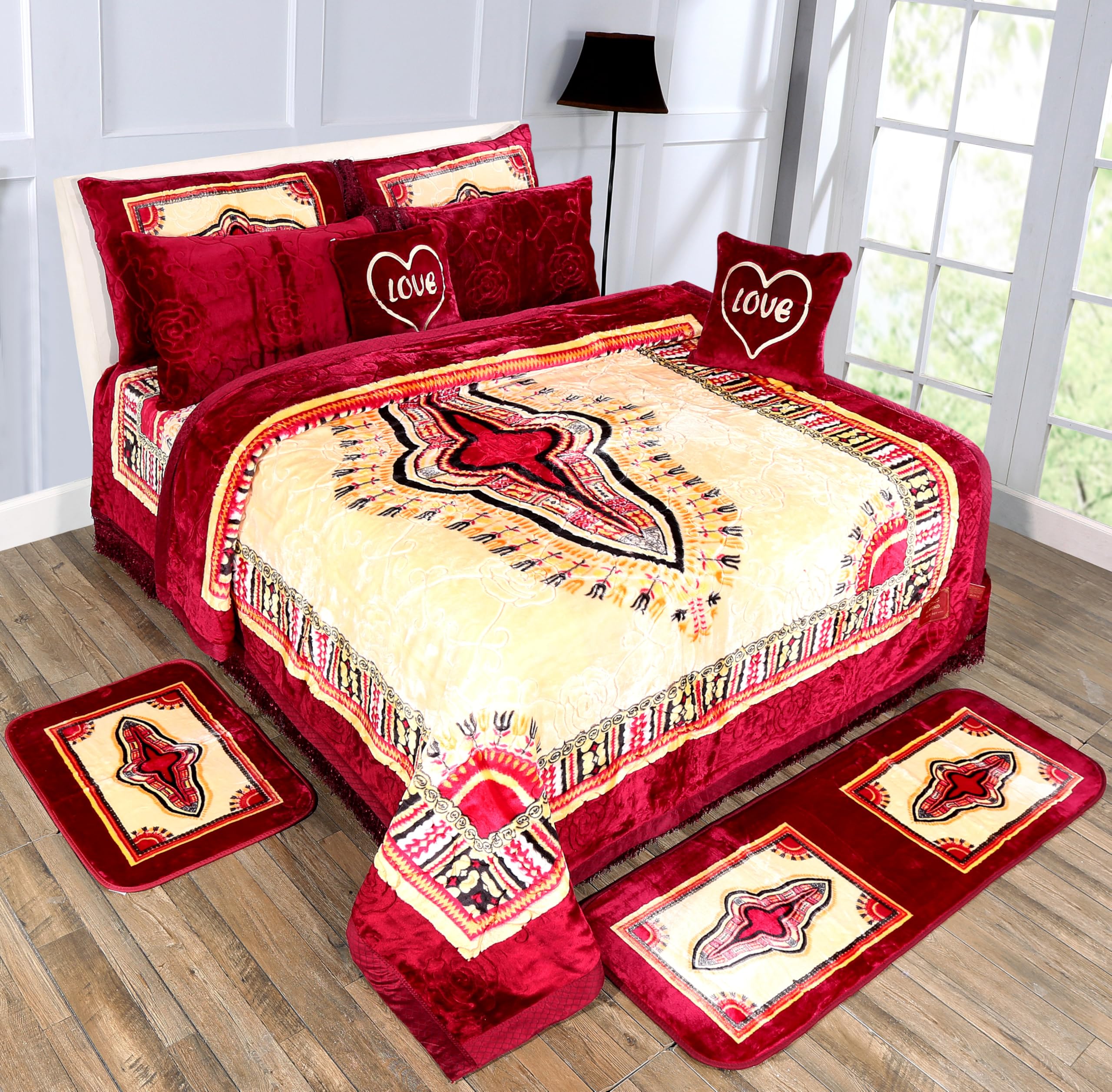 Wedding Bedding Set 10 Pieces | Bridal Blanket Set (Maroon & Cream)-image-42