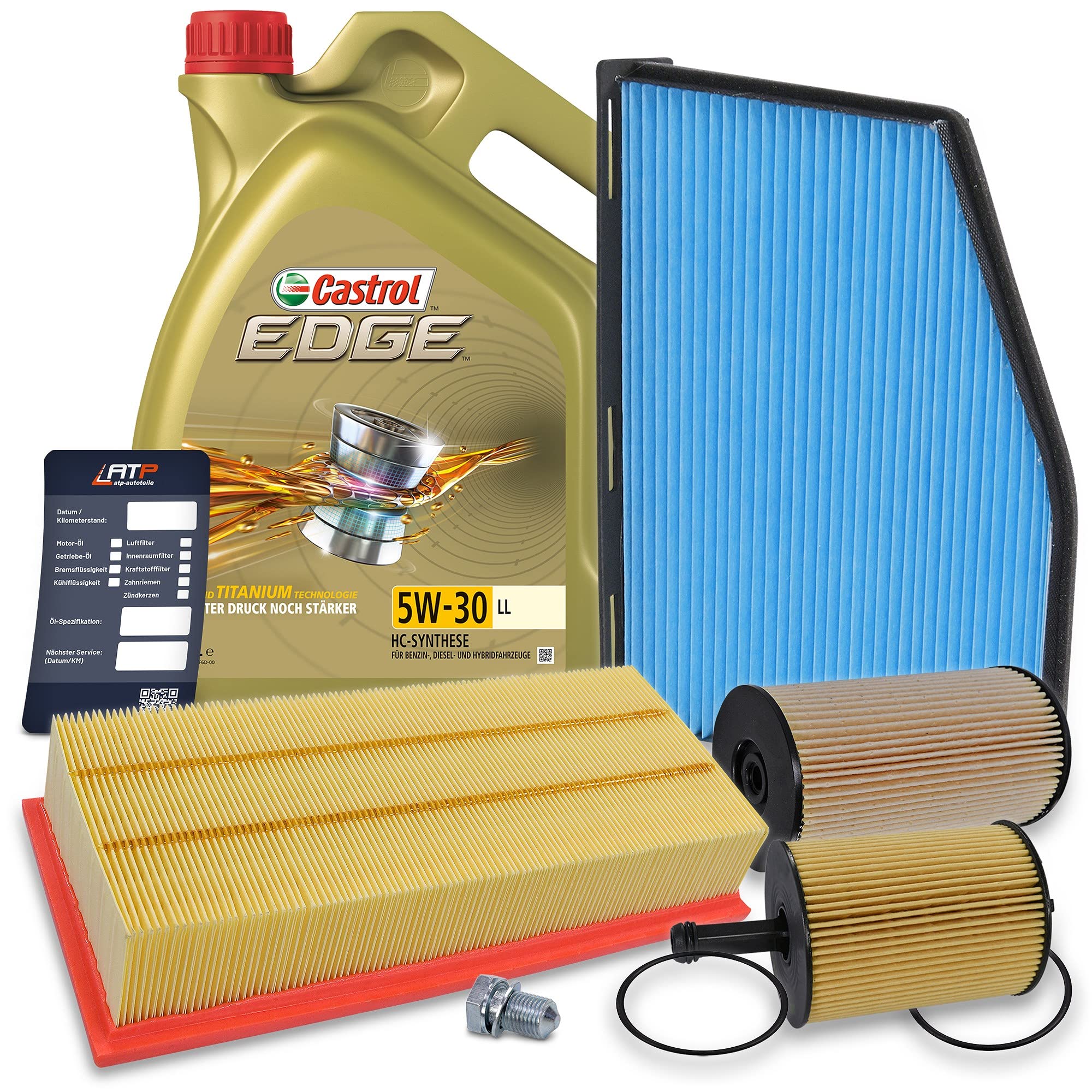 BESTPRICE Inspektionspaket Filterset mit 1x Ölfilter, 1x Innenraumfilter (Aktivkohle), 1x Luftfilter, 1x Ölablassschraube, 1x Kraftstofffilter, 1x Motoröl 5W-30 LL 5 l, 1x Ölwechselanhänger,