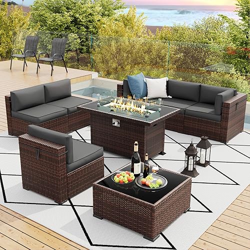 Amopatio 8 Pieces Patio Furniture Set Outdoor with Gas Fire Pit Table, PE Wicker Pit Conversation Set, 44" Gas Fire Patio Sectional Furniture with Grey Cushions, Coffee Table, 2 Waterproof Covers