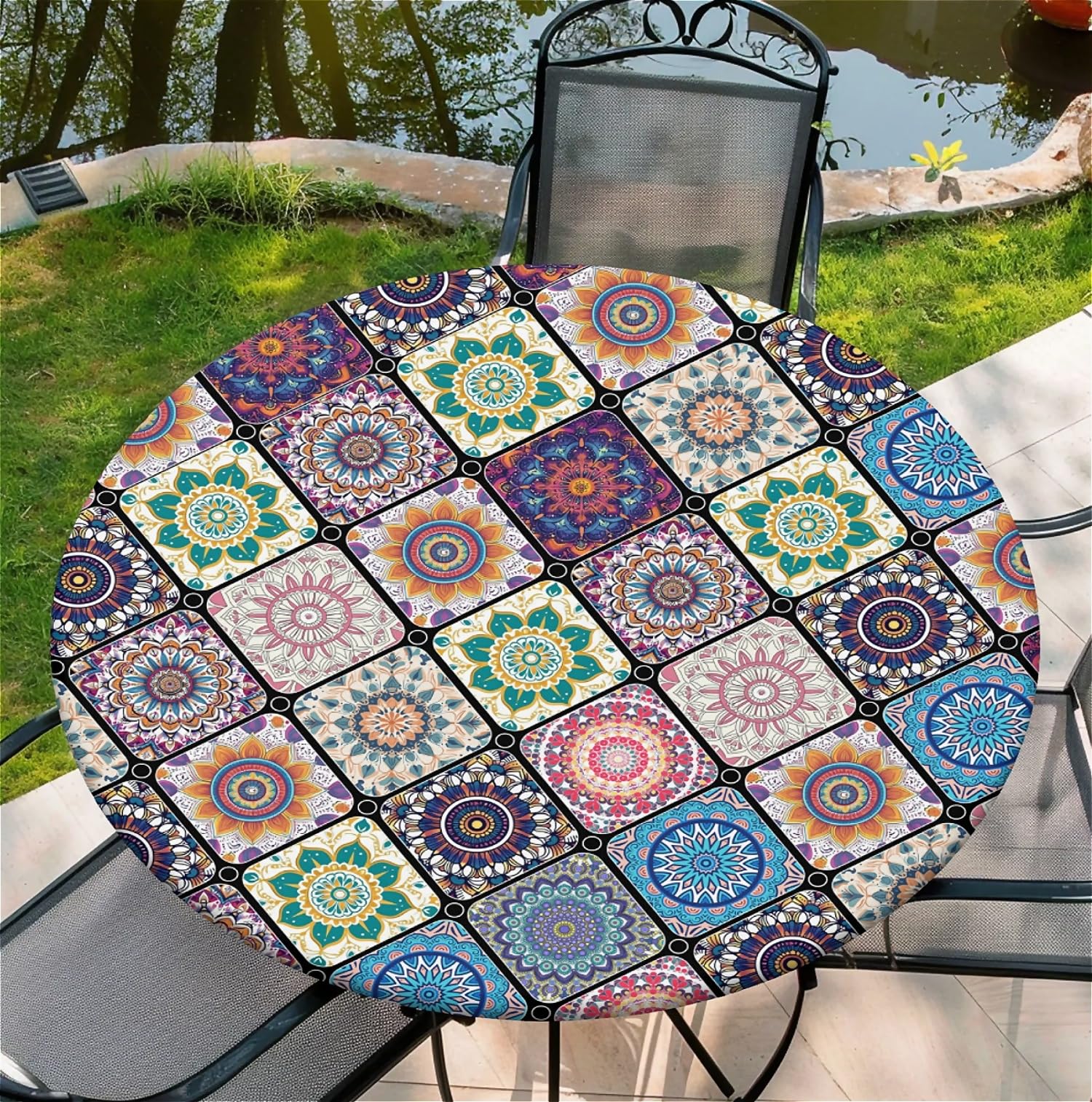 artslion Round 60in Tablecloth with Elastic Fits Tables Size 54"-58",Retro Floral Outdoor tablecloth, Stain Resistant Table Cover for Kitchen Dining Parties — image 1