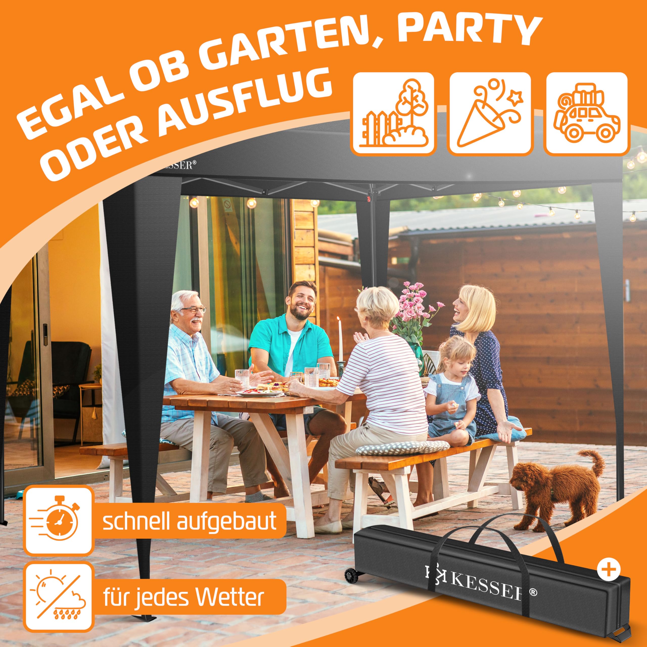 KESSER® Pavillon Pliable 3x3m | Pop-Up Réglable en Hauteur Stable Etanche Résistant à l'hiver | Protection UV 50+ y Compris Sac avec roulettes & ancrage au Sol - Noir/Noir