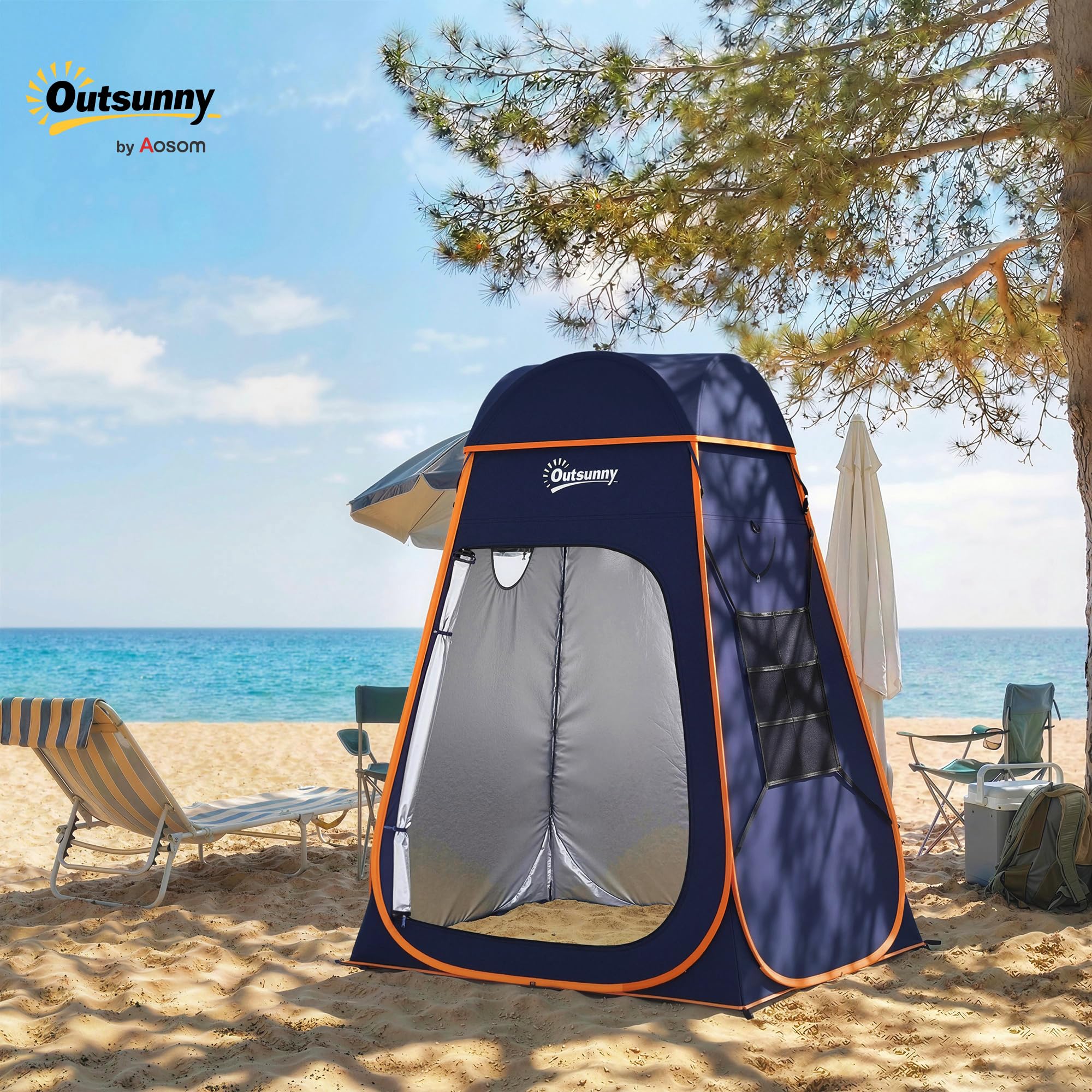Outsunny Tenda Doccia da Campeggio Pop-Up, Impermeabile 2000mm e UPF30+ con Tetto Rimovibile, Finestre Avvolgibili, Tasche, Borsa da Trasporto, Spogliatoio Portatile per Spiaggia Campeggio, Blu Scuro