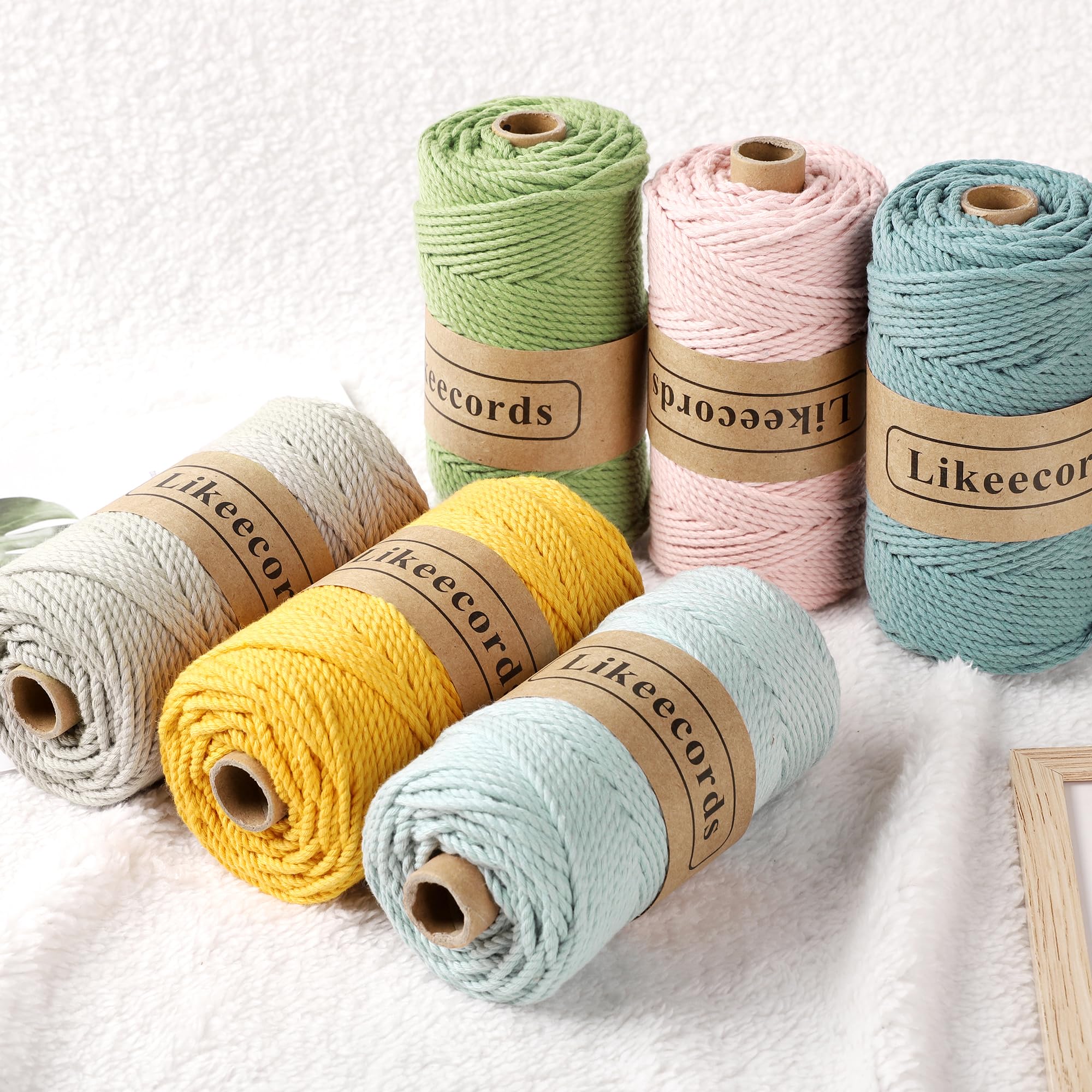 Likeecords Lot de 2 rouleaux de cordon en coton pour macramé, 3 mm x 100 m, 3 brins torsadés, fil pour macramé, fil pour macramé, cordon artisanal, pour tricot, suspension de plantes, décoration de