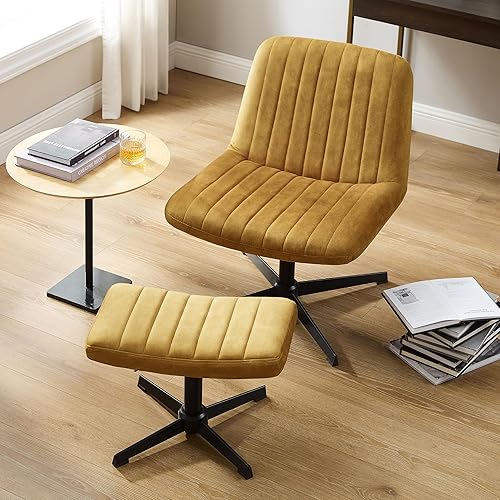 Miniatura 15 de Art Leon Silla de escritorio sin ruedas, con otomana y almohada lumbar, silla de oficina sin brazos sin ruedas, silla cruzada moderna, giratoria de