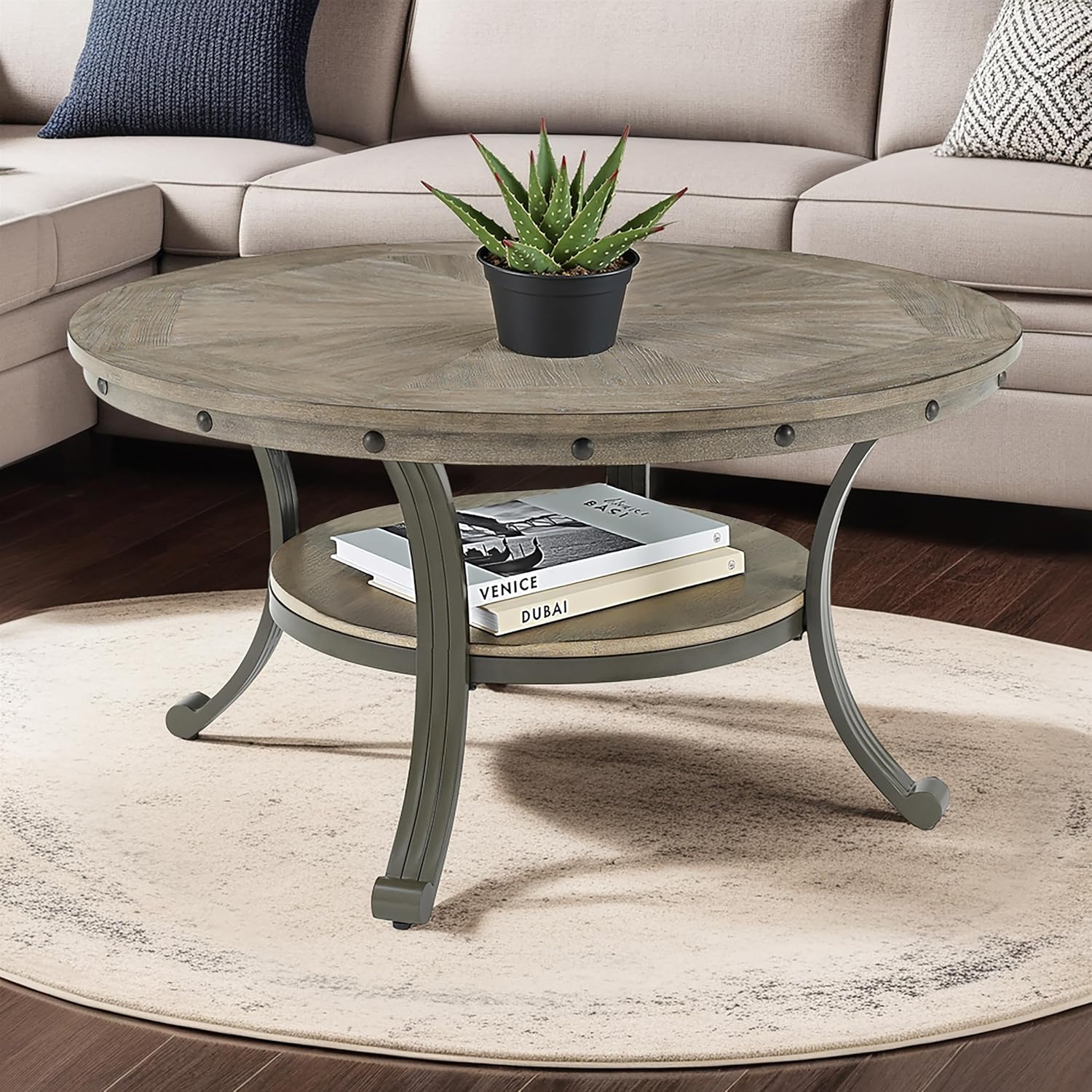 Powell Linon Franklin Metal and Wood Round Coffee Table in Pewter